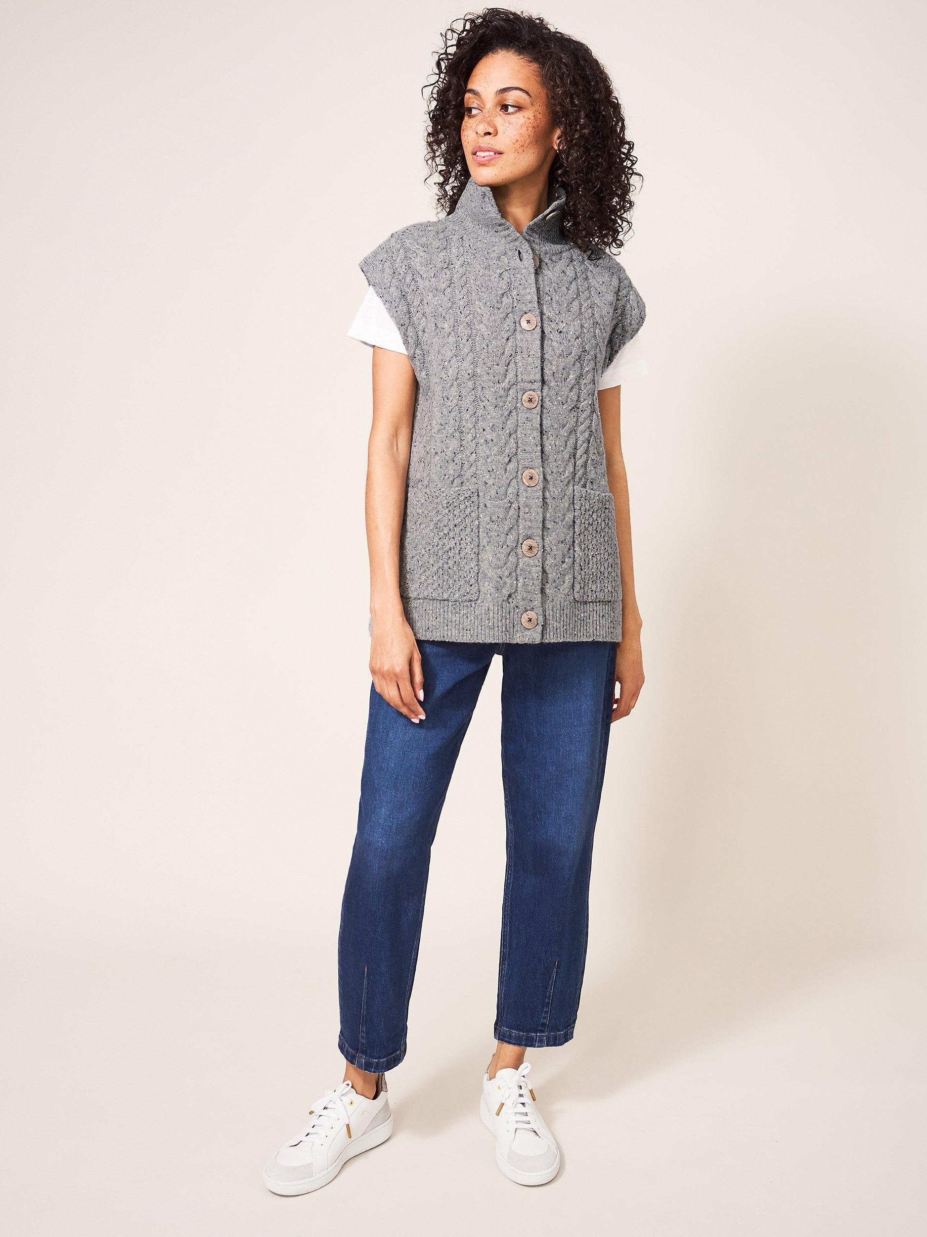 White Stuff Chestnut Cable Knit Sleeveless Cardigan, Light Grey, M