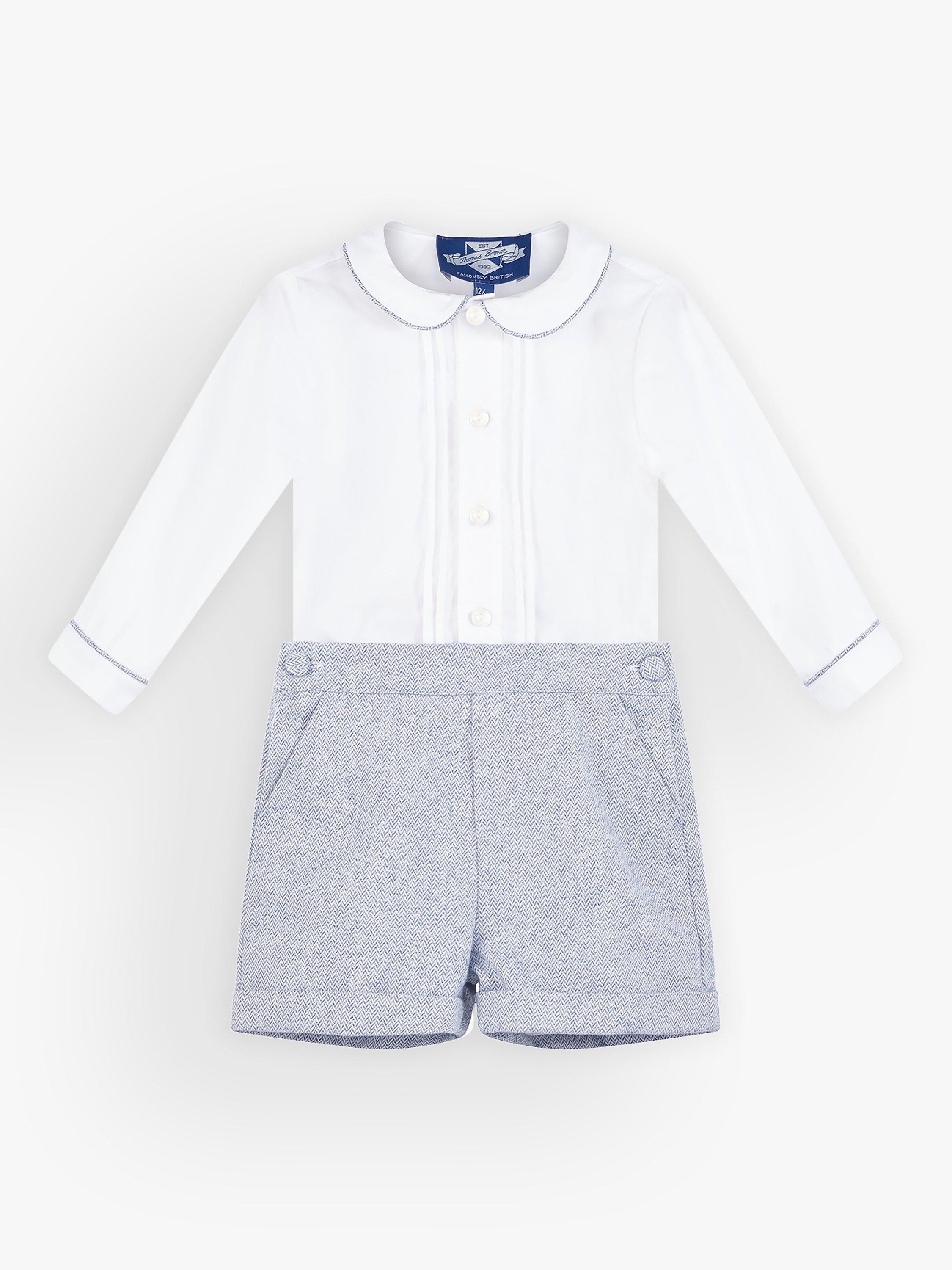 Trotters Thomas Brown Baby Rupert Shirt and Shorts Set, White/Pale Blue