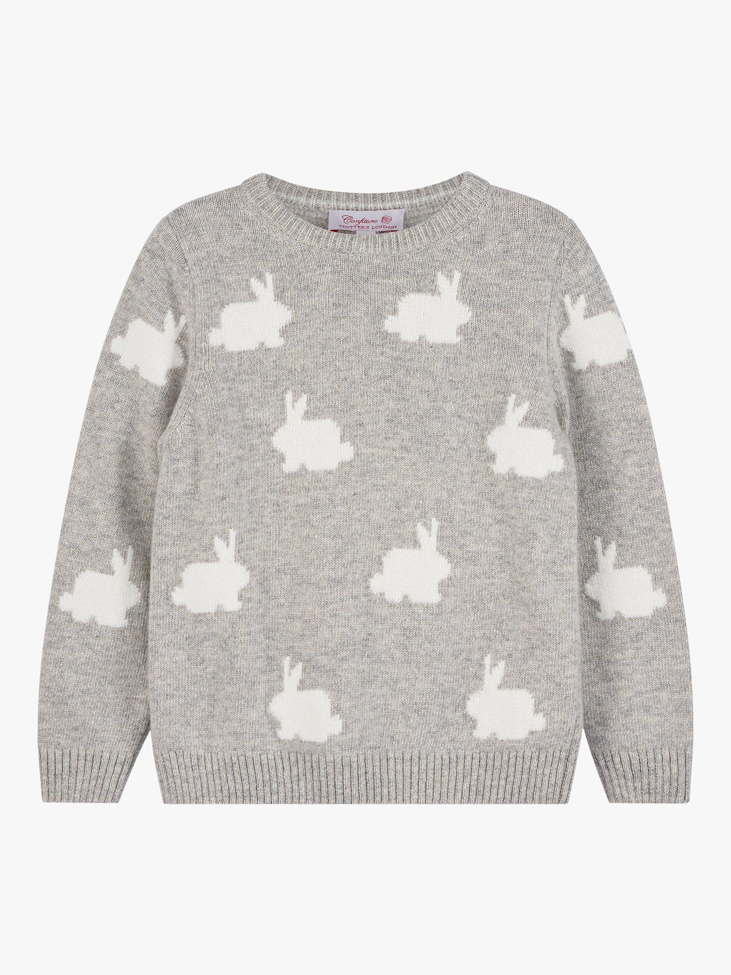 Trotters Confiture Kids' Bunny Knit Cashmere Blend Jumper, Grey Marl