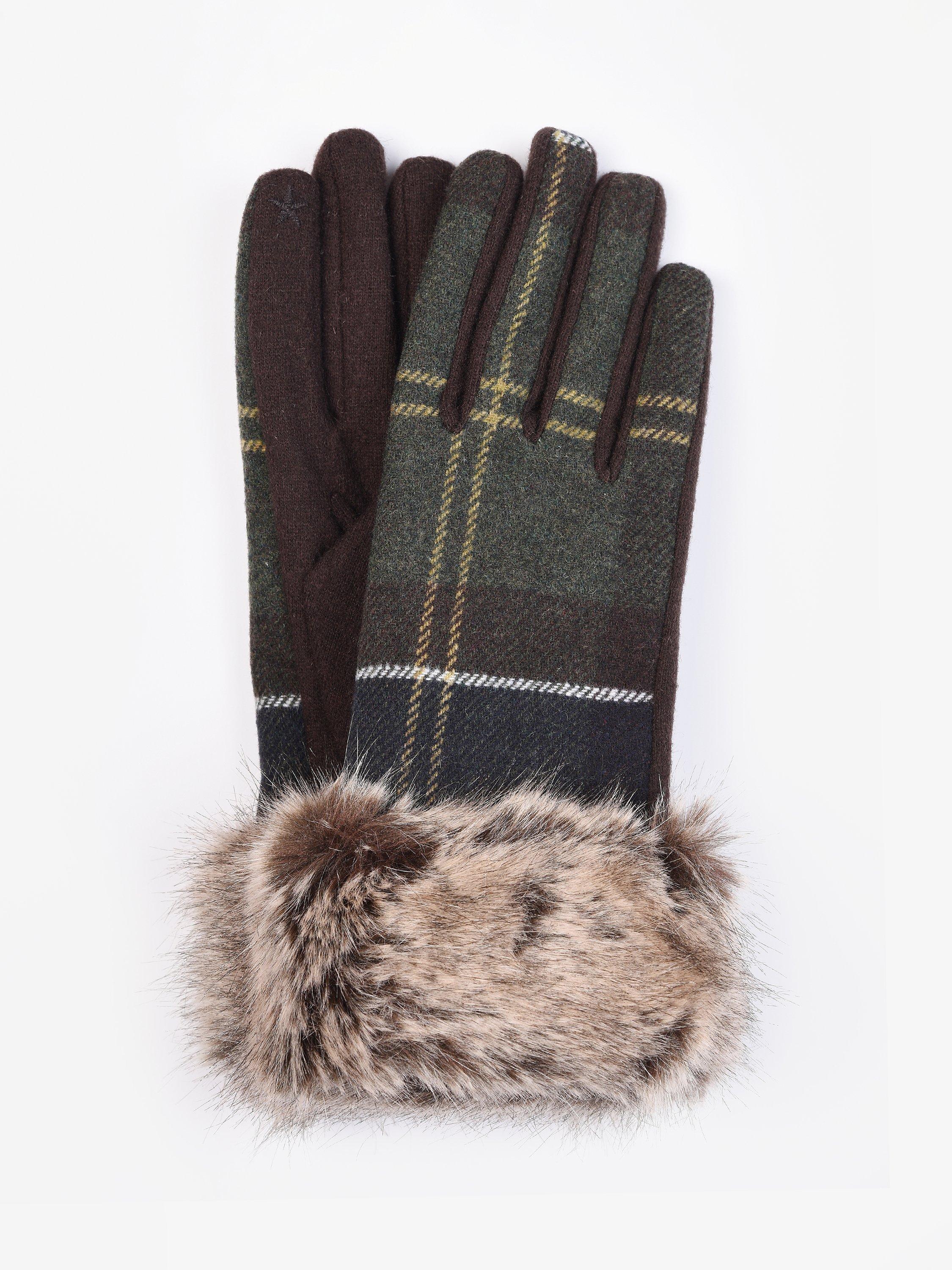 Barbour Ridley Classic Tartan Wool Blend Faux Fur Cuff Gloves, Green/Multi, Green/Multi