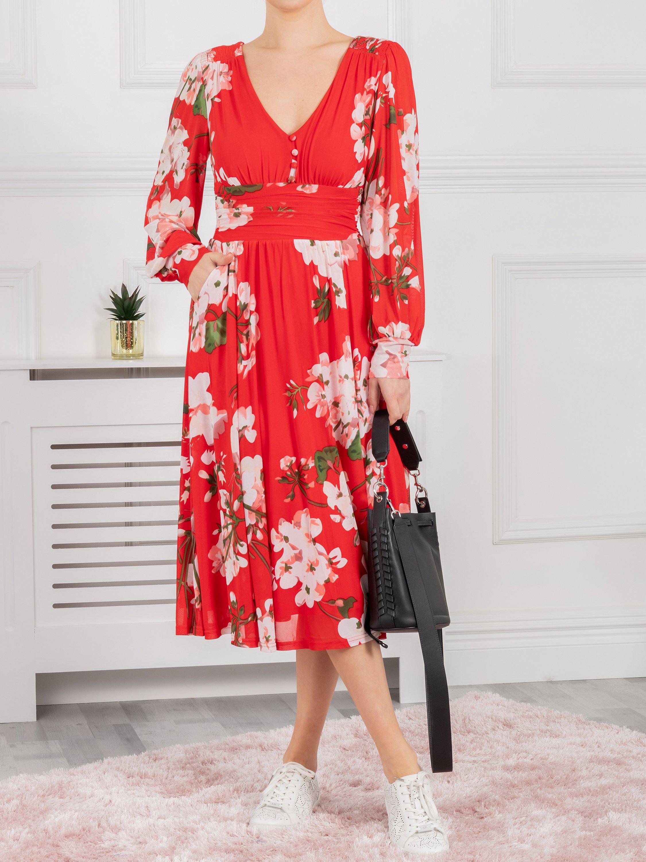 Jolie Moi Long Sleeve Floral Mesh Midi Dress, Scarlet/Multi, 8