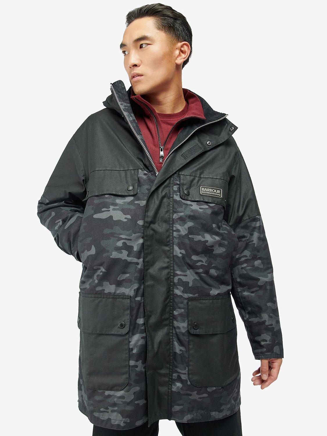Barbour International Waxed Parka Coat, Black Camo