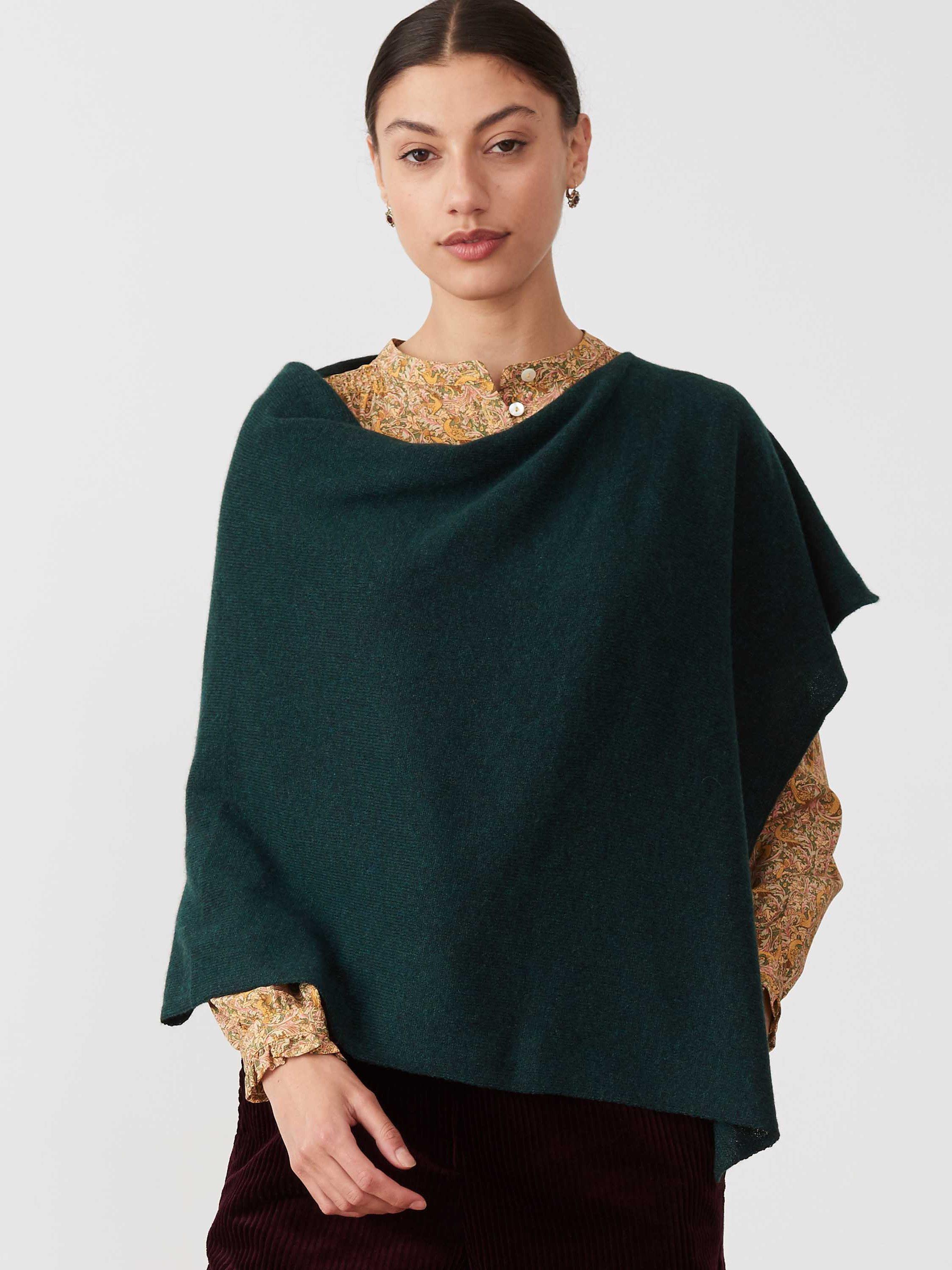 Brora Cashmere Gauzy Knit Poncho, Pine, One Size