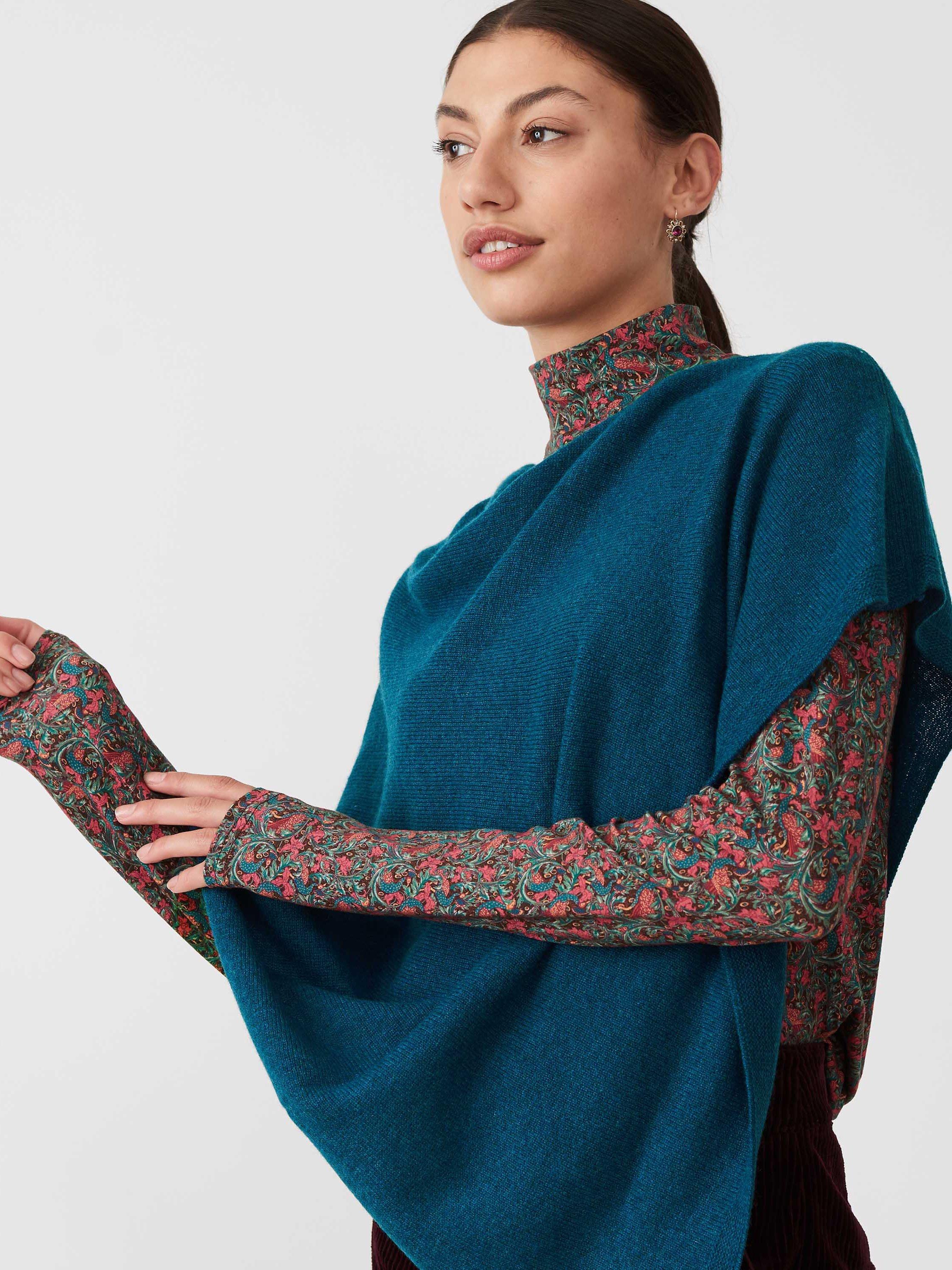 Brora Cashmere Gauzy Knit Poncho, Ocean, One Size
