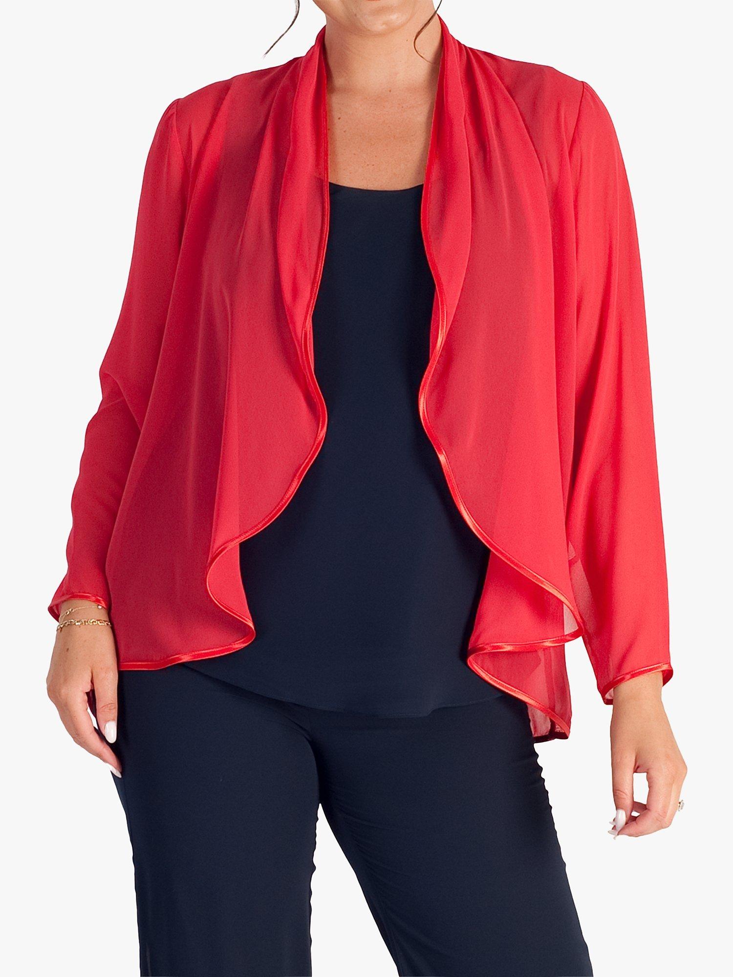 Product image 1 of 3, which shows chesca Chiffon Satin Trim Shrug, Poppy, 12-14