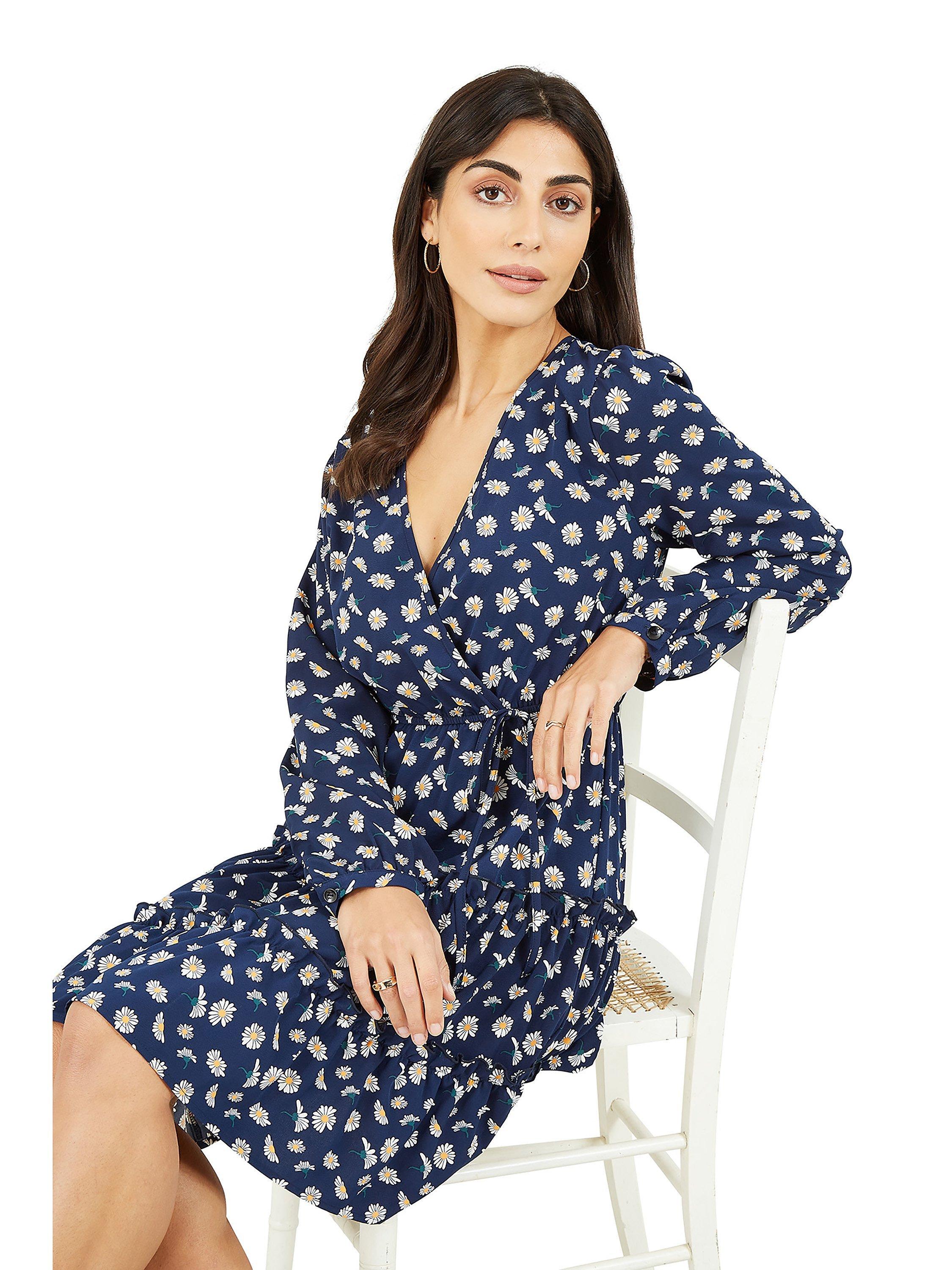 Product image 1 of 5, which shows Mela London Daisy Print Tiered Wrap Knee Length Dress, Navy/Multi, 8