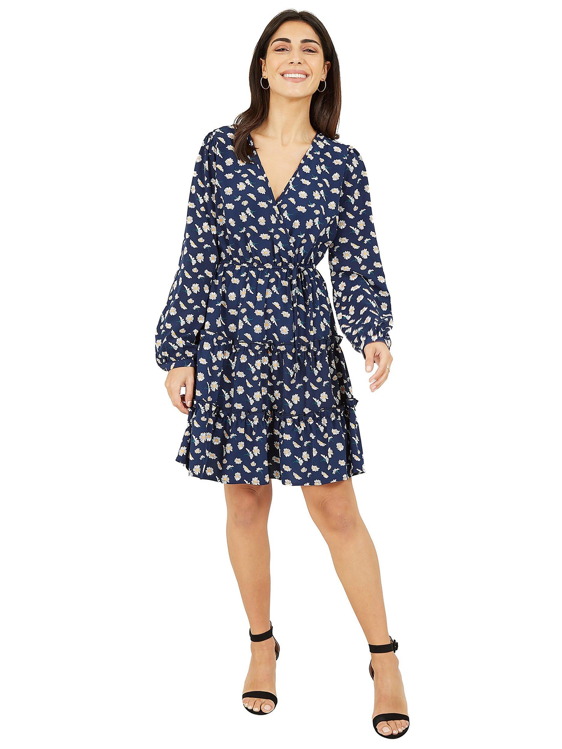 Product image 2 of 5, which shows Mela London Daisy Print Tiered Wrap Knee Length Dress, Navy/Multi, 8
