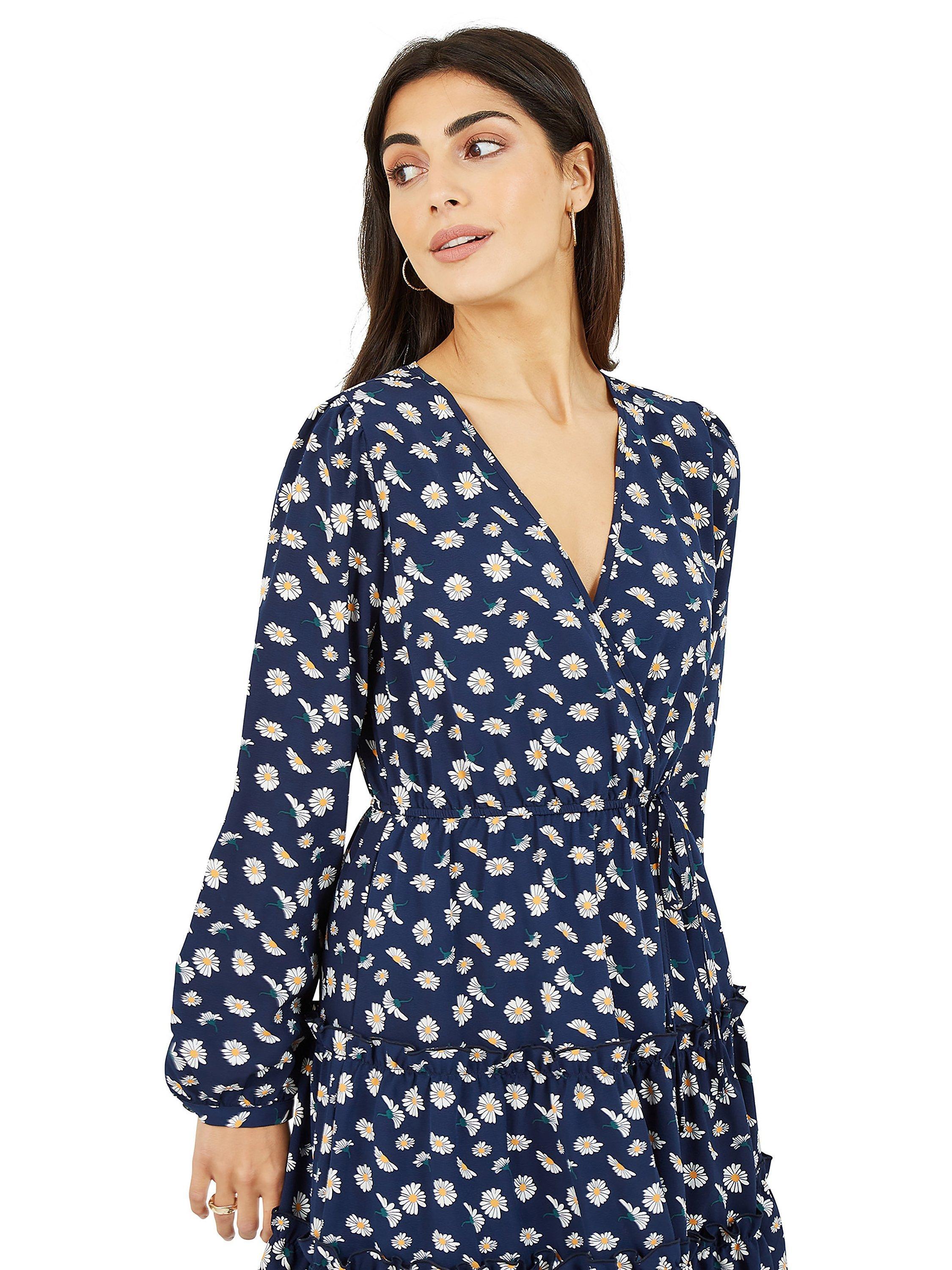 Product image 3 of 5, which shows Mela London Daisy Print Tiered Wrap Knee Length Dress, Navy/Multi, 8