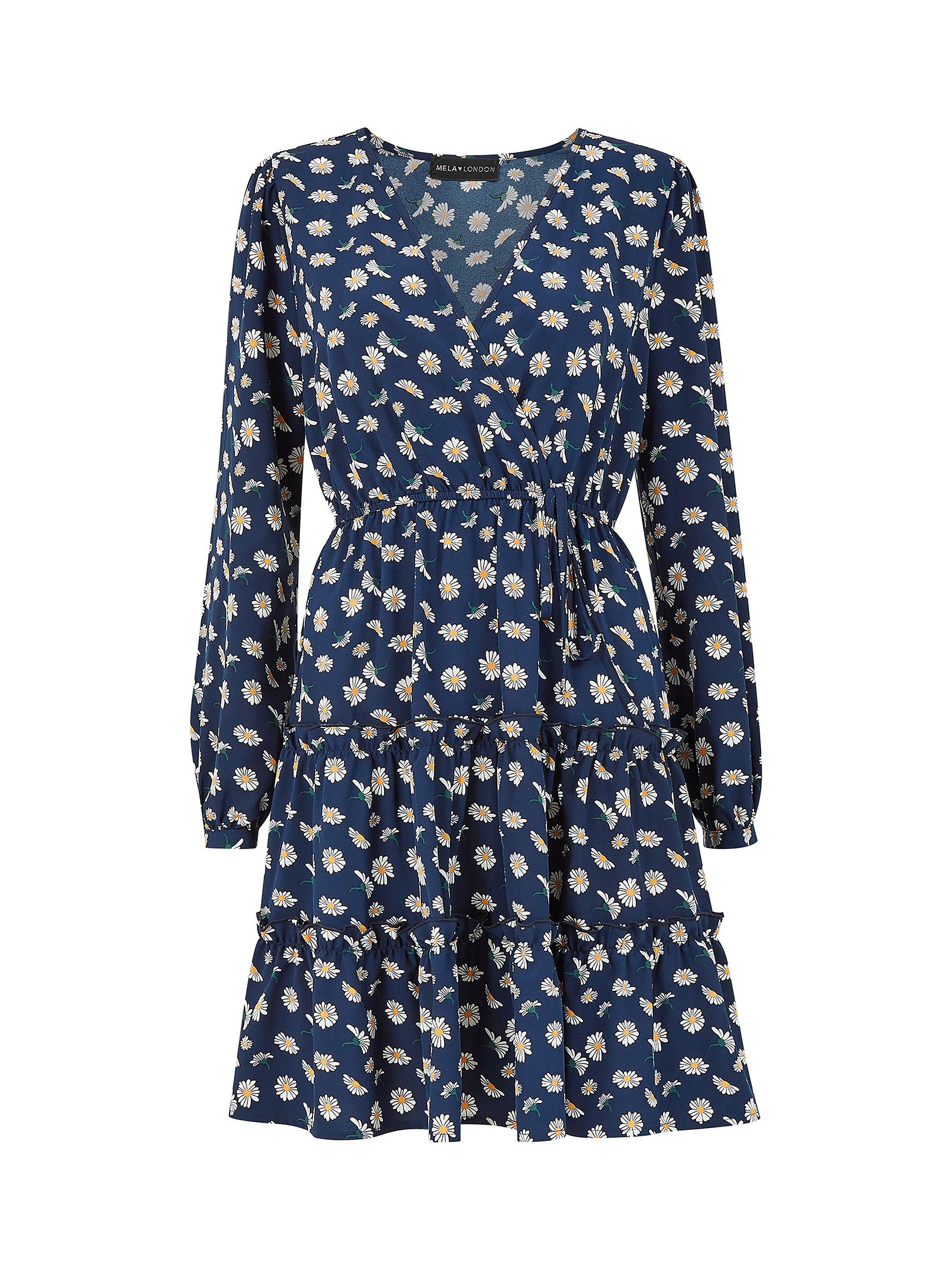 Product image 5 of 5, which shows Mela London Daisy Print Tiered Wrap Knee Length Dress, Navy/Multi, 8