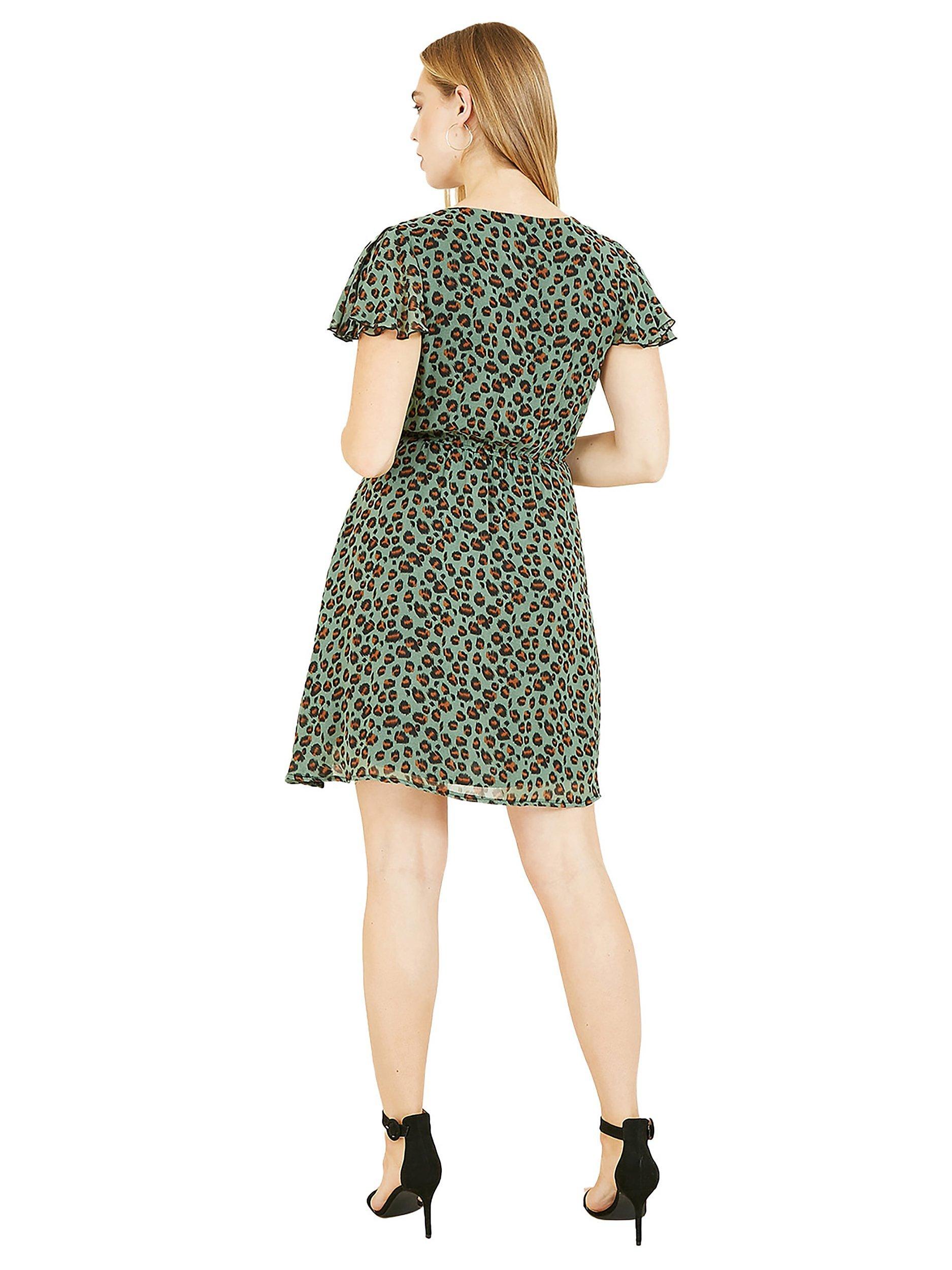 Product image 3 of 4, which shows Mela London Leopard Print Wrap Skater Mini Dress, Green/Multi, 8