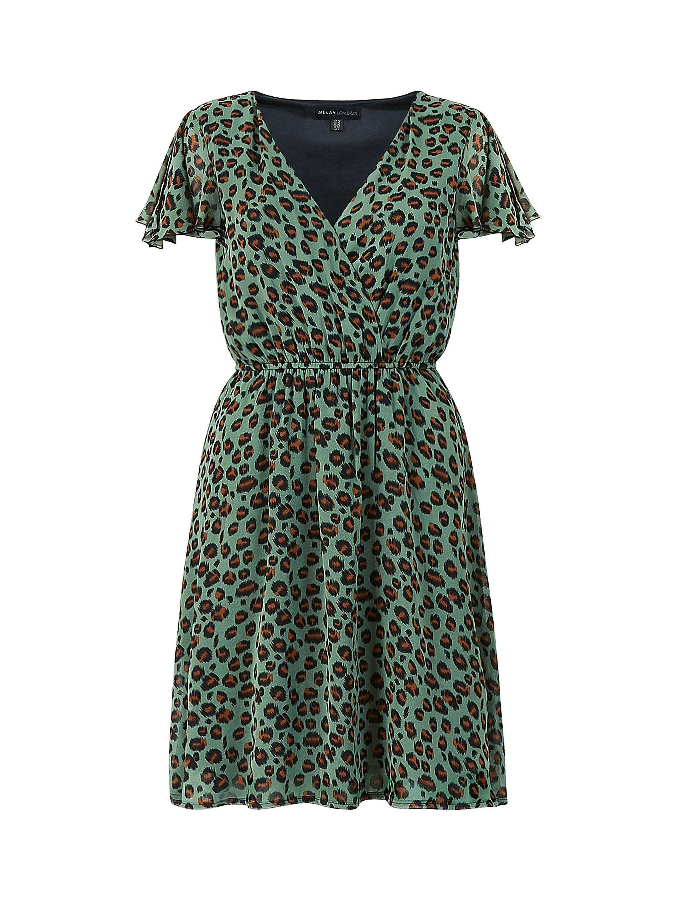 Product image 4 of 4, which shows Mela London Leopard Print Wrap Skater Mini Dress, Green/Multi, 8