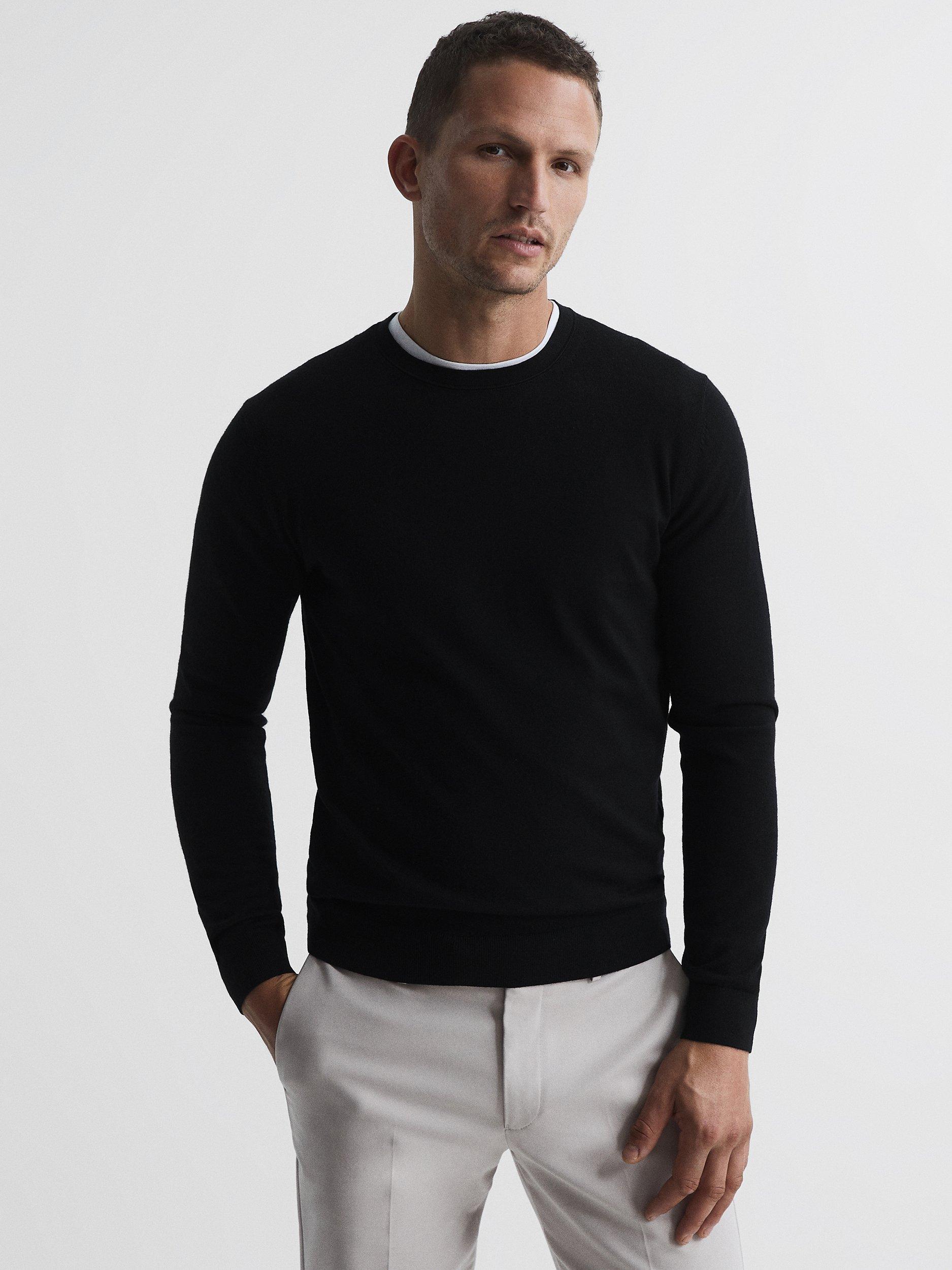 Product image 1 of 5, which shows Reiss Wessex Knit Merino Wool Jumper, Black, XS