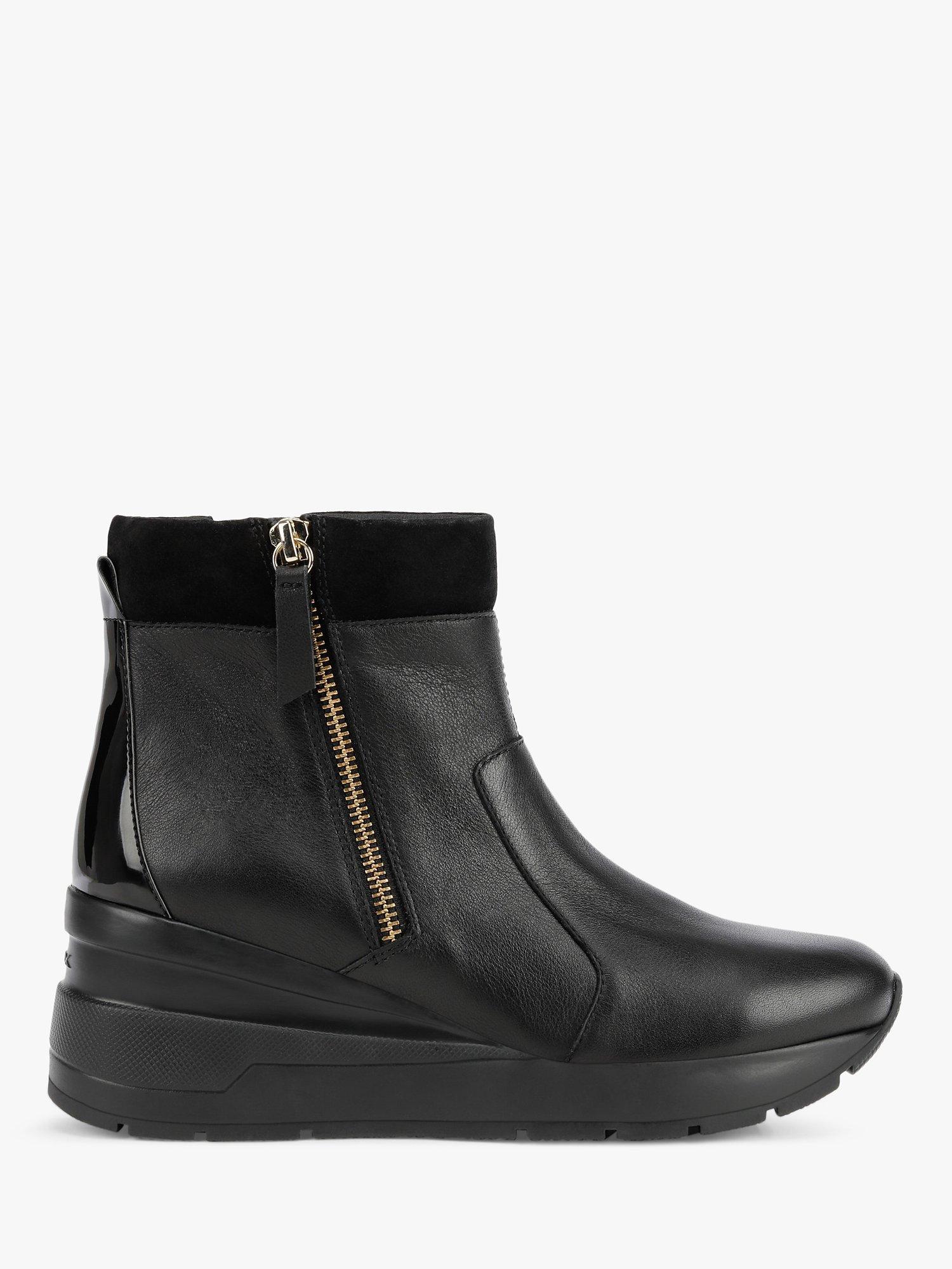 Geox D Zosma F Wide Fit Leather & Suede Wedge Heel Ankle Boots, Black