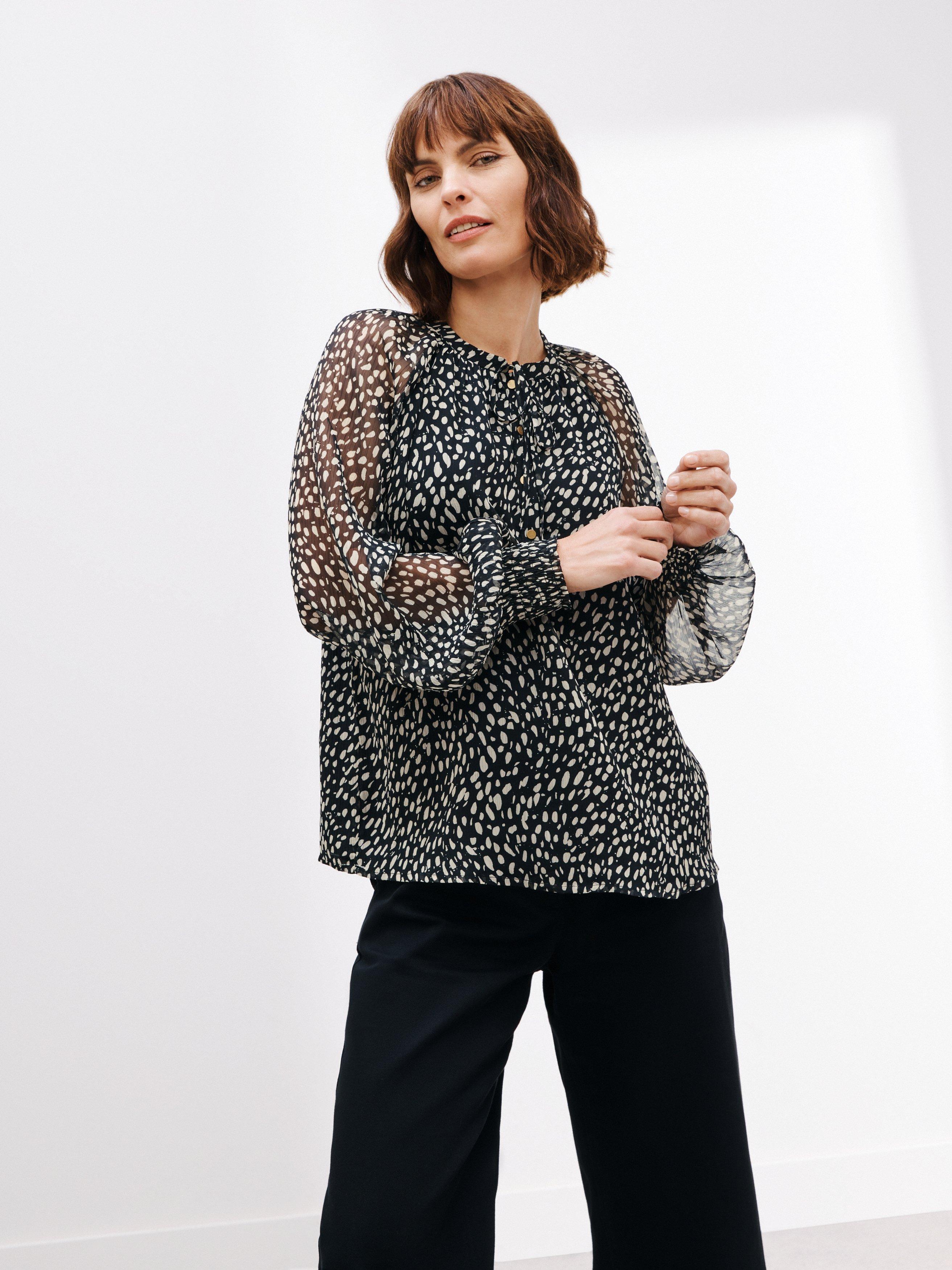John Lewis Inky Spot Print Blouson Sleeve Blouse, Black