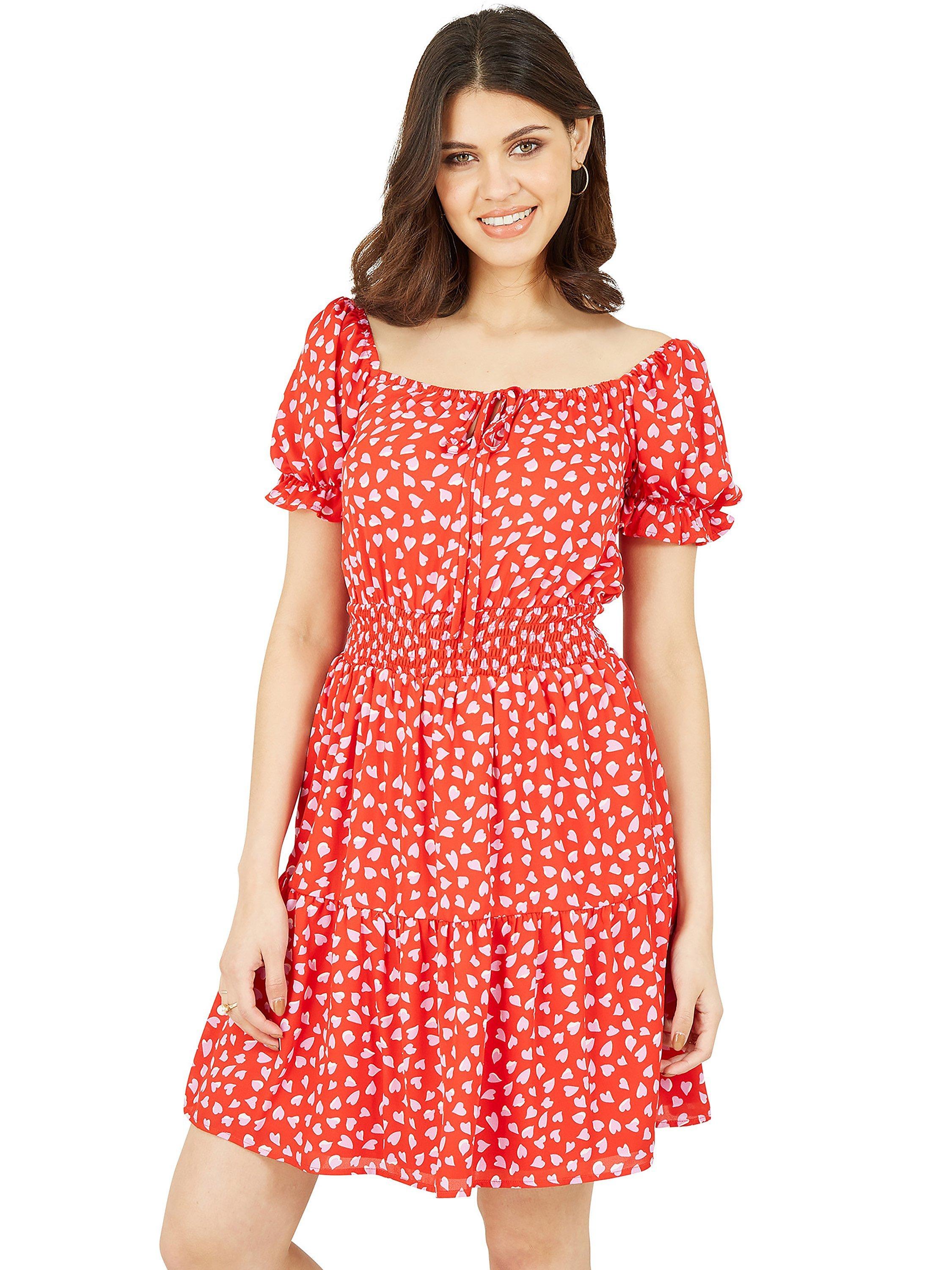 Product image 1 of 4, which shows Mela London Heart Print Bardot Skater Knee Length Dress, Hearts/Multi, 8