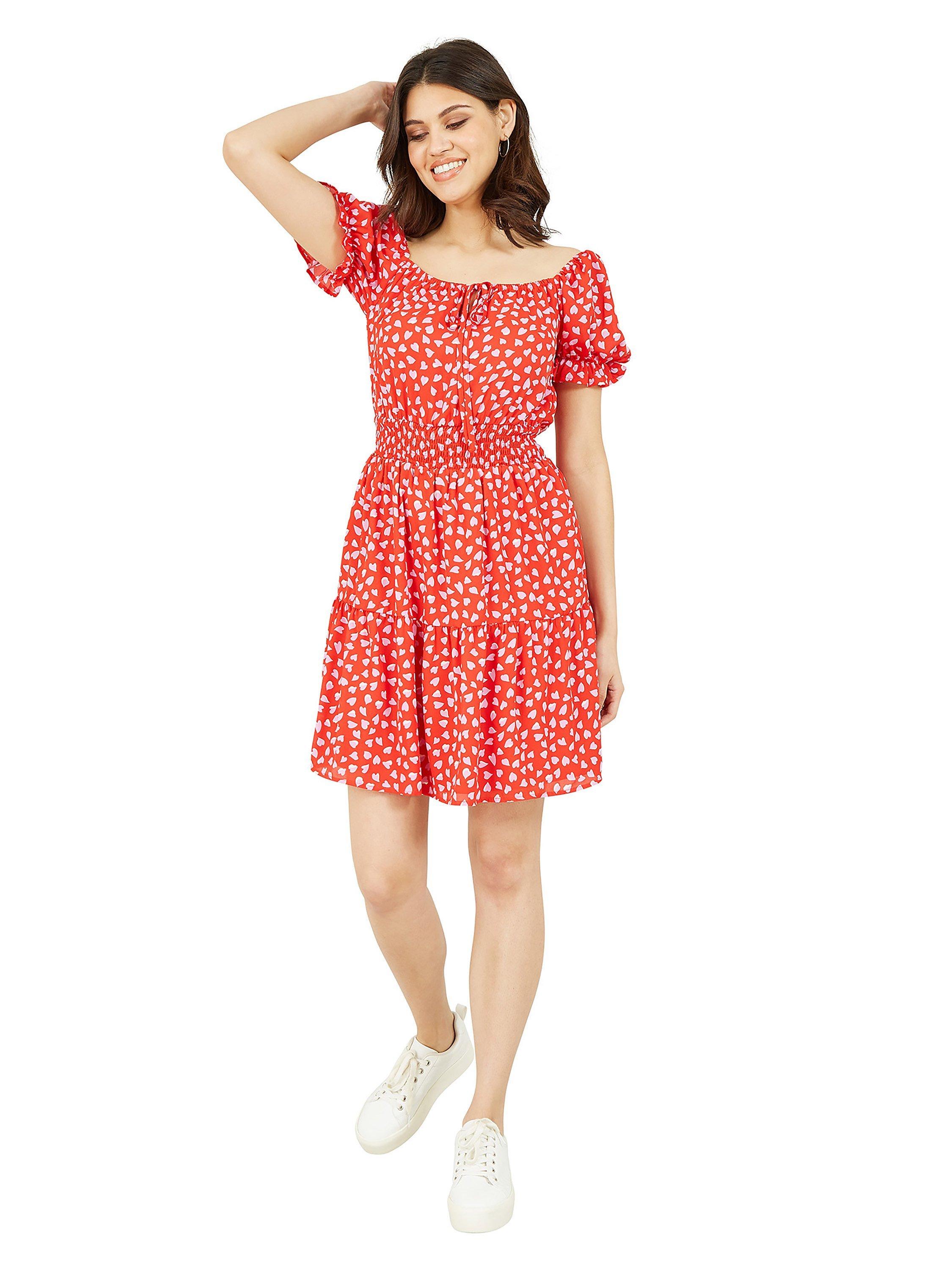 Product image 2 of 4, which shows Mela London Heart Print Bardot Skater Knee Length Dress, Hearts/Multi, 8