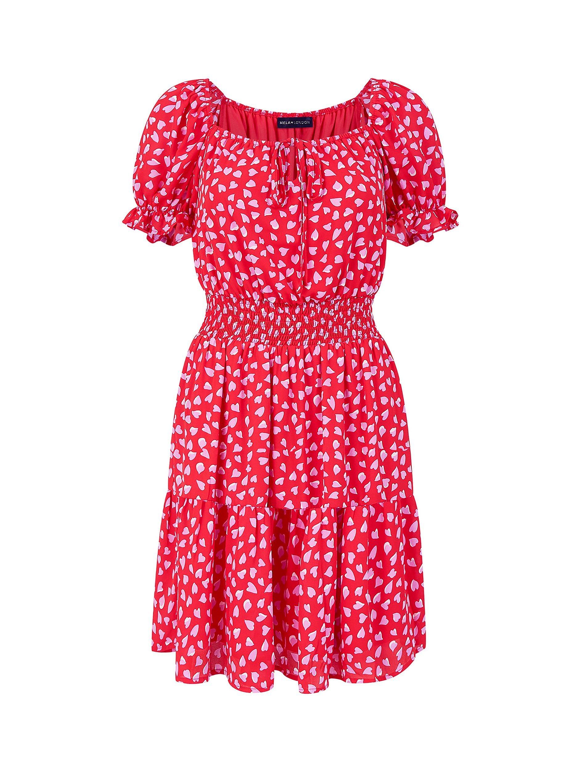 Product image 4 of 4, which shows Mela London Heart Print Bardot Skater Knee Length Dress, Hearts/Multi, 8