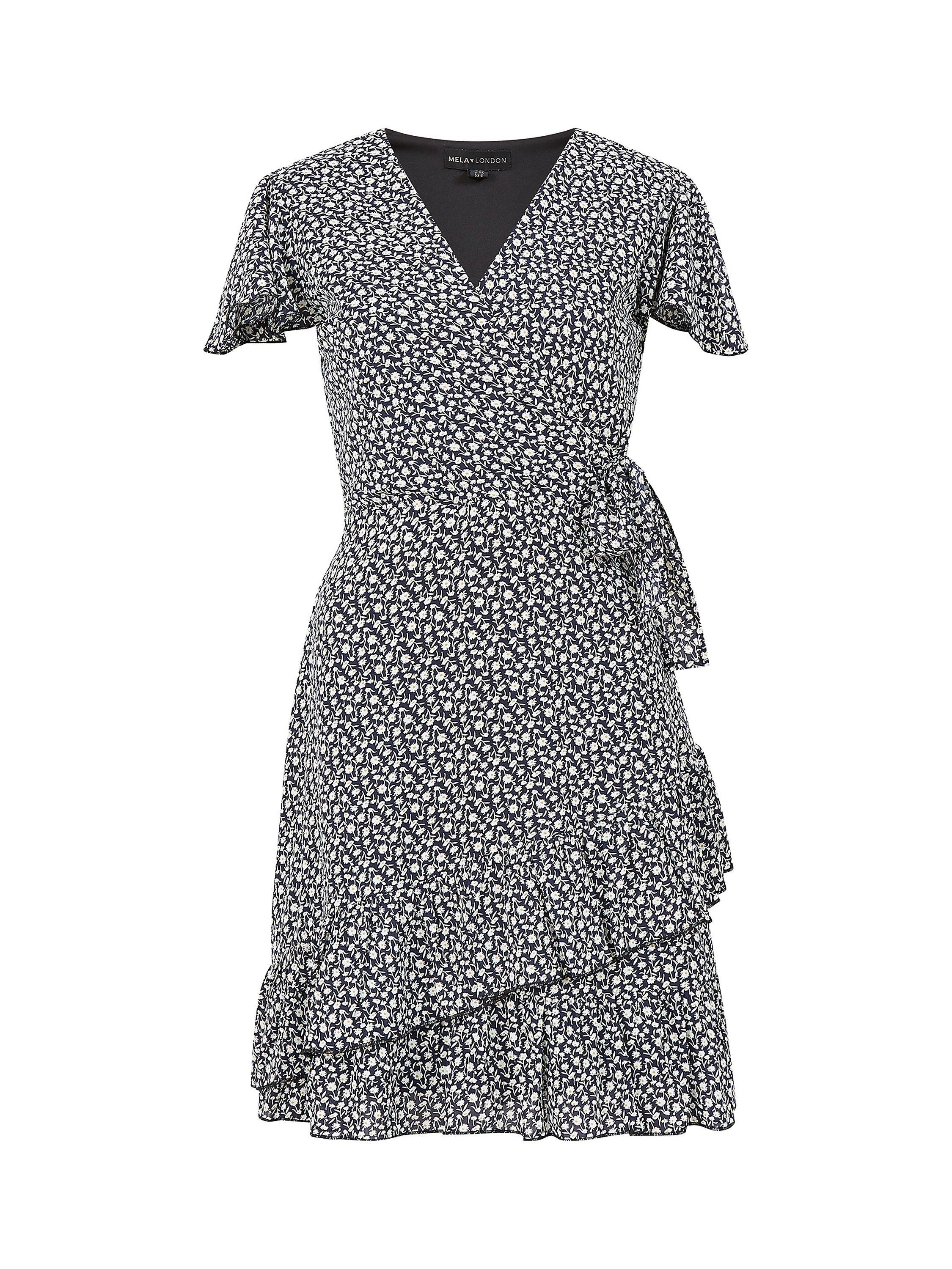 Product image 5 of 5, which shows Yumi Mela London Ditsy Daisy Wrap Effect Frill Mini Dress, Navy, 10