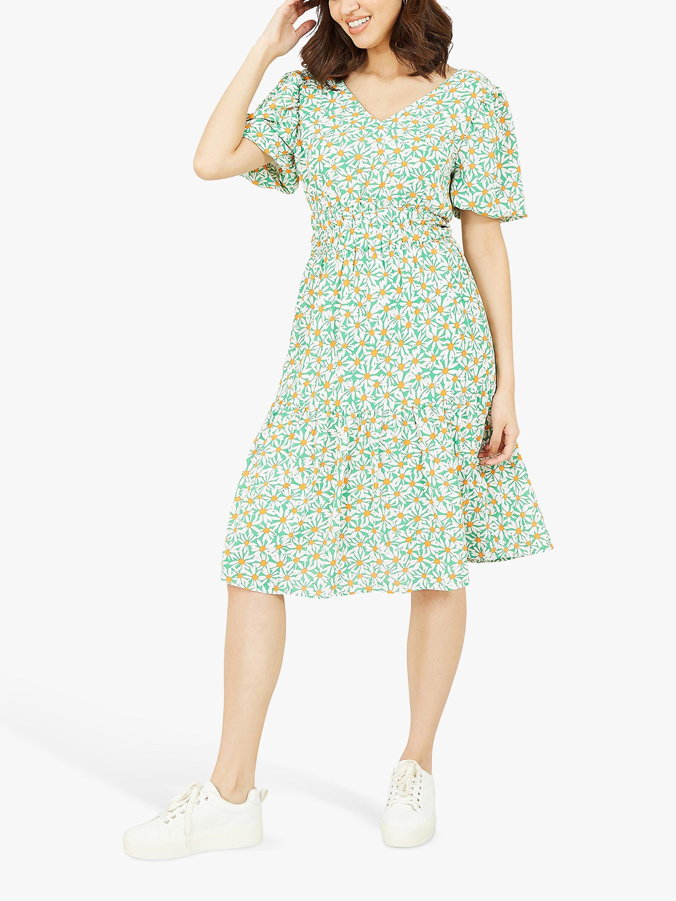 Product image 1 of 4, which shows Mela London Daisy Ruched Puff Sleeve Midi Dress, Green/Multi, 8