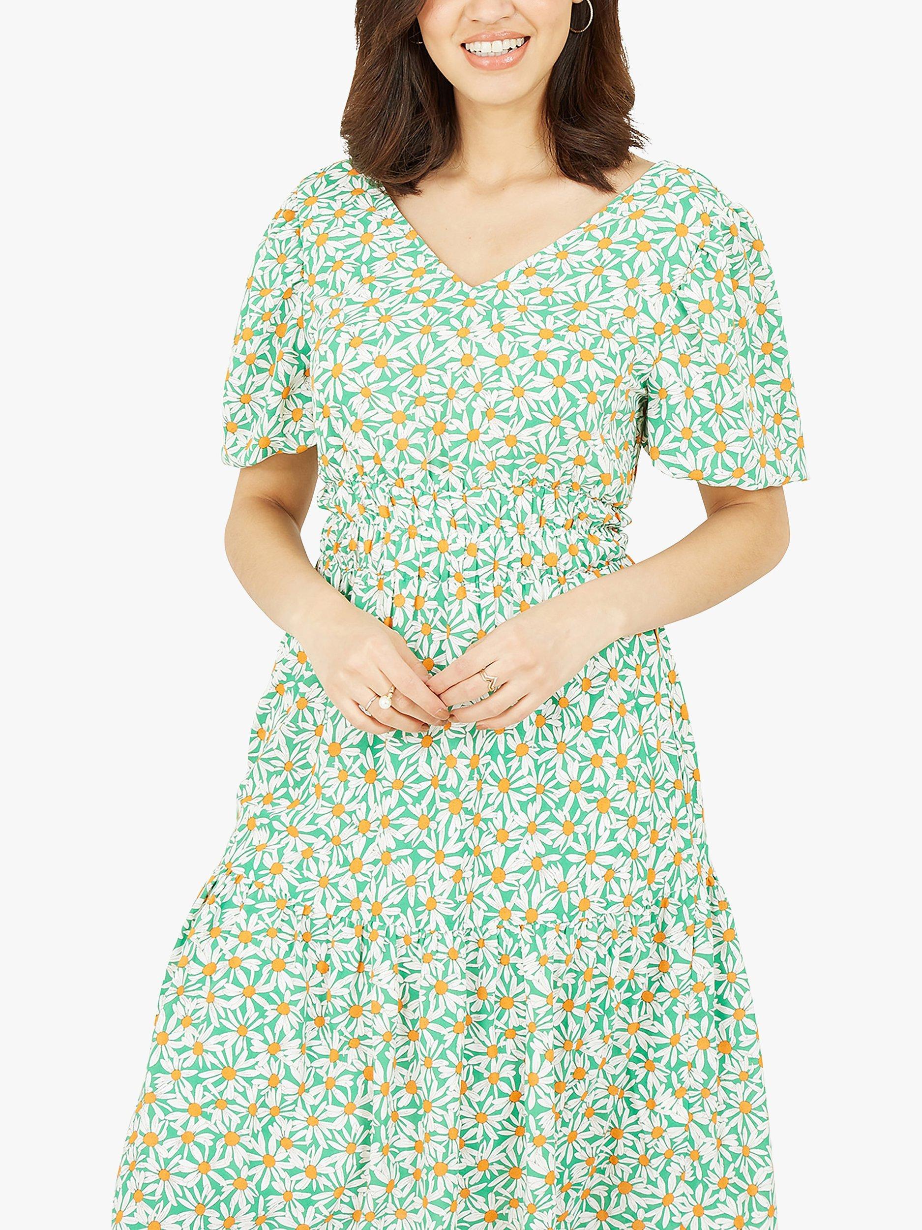 Product image 2 of 4, which shows Mela London Daisy Ruched Puff Sleeve Midi Dress, Green/Multi, 8