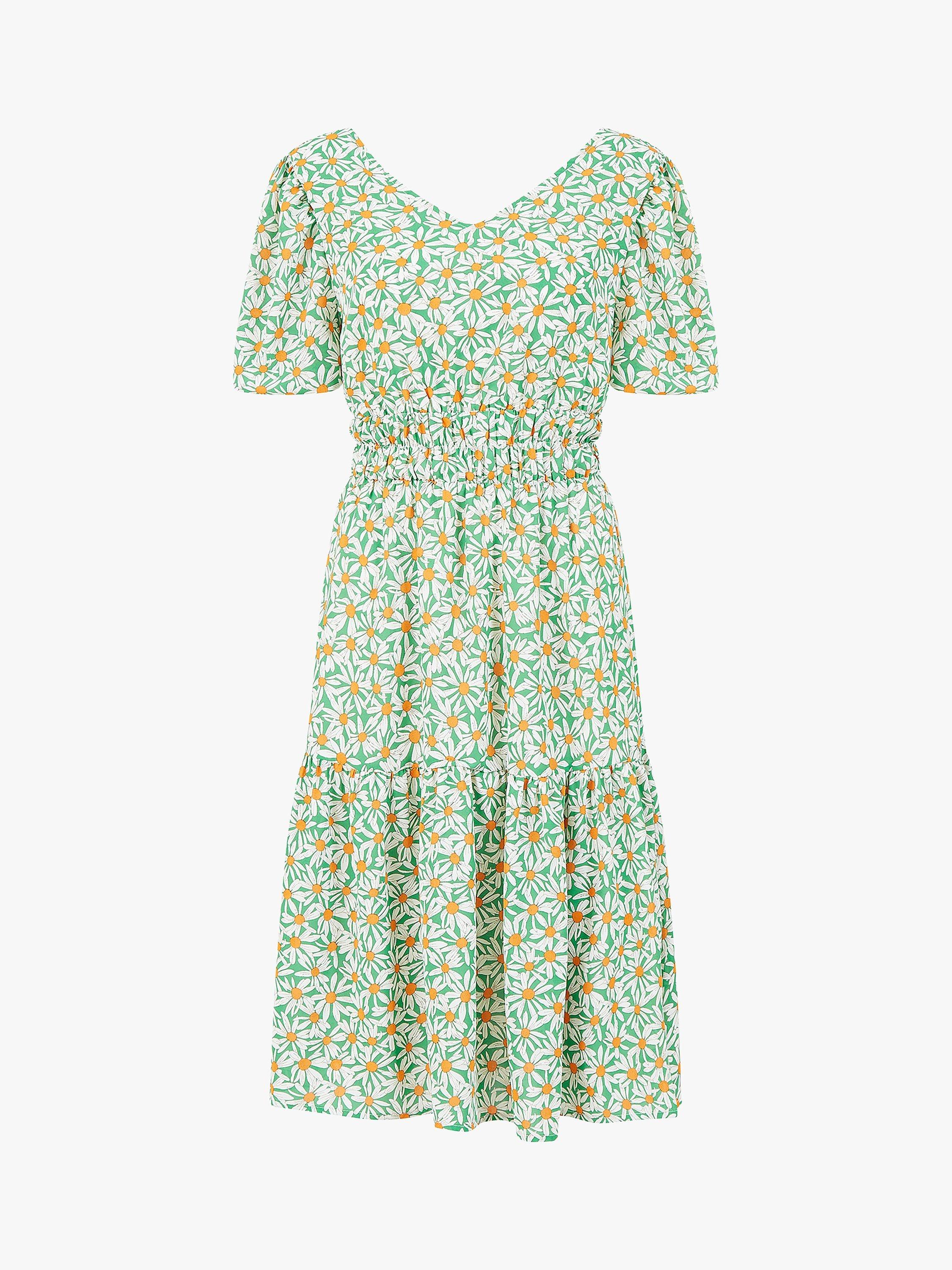 Product image 4 of 4, which shows Mela London Daisy Ruched Puff Sleeve Midi Dress, Green/Multi, 8