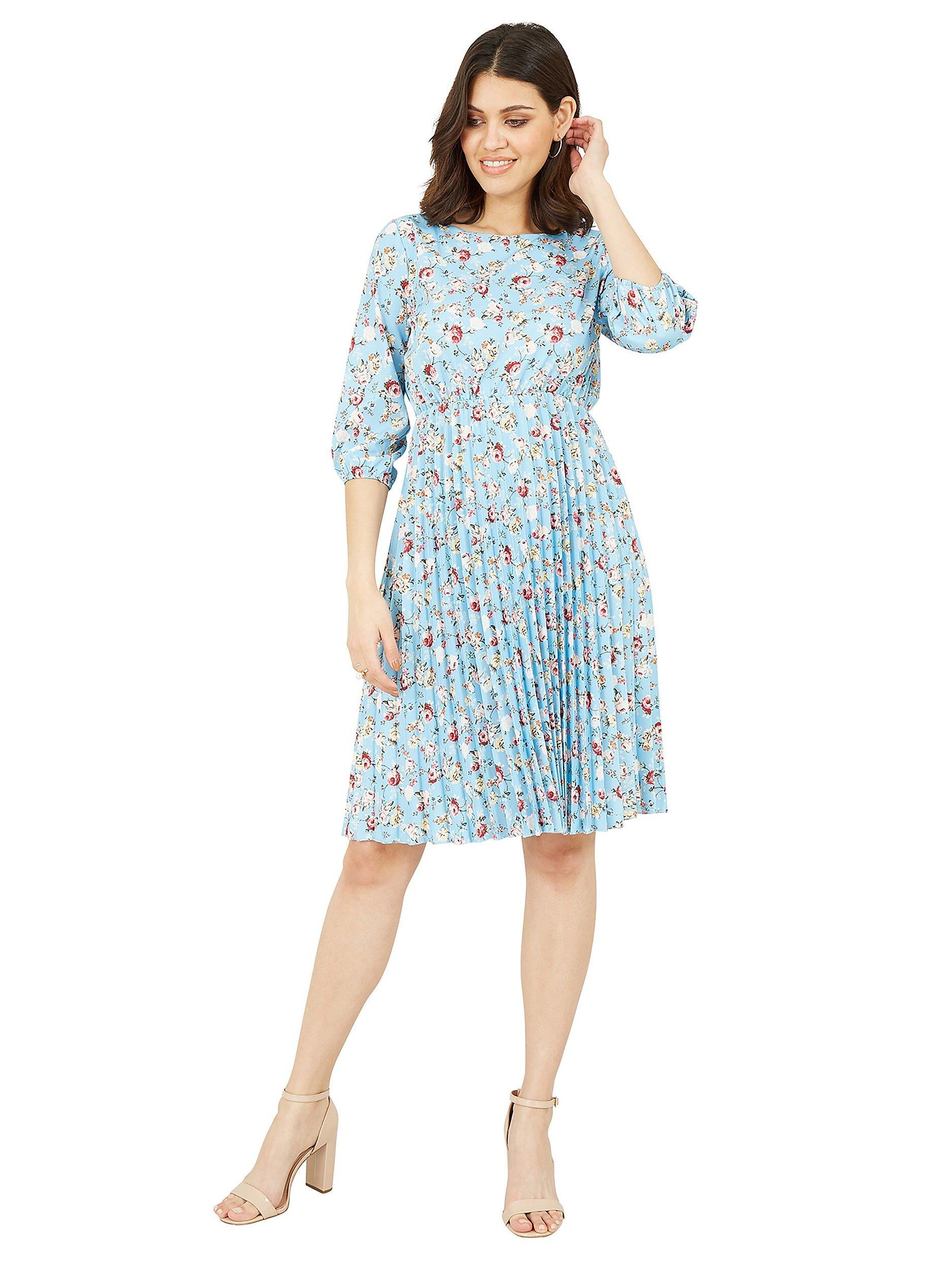 Mela London Pleated Rose Print Skater Knee Length Dress, Blue/Multi