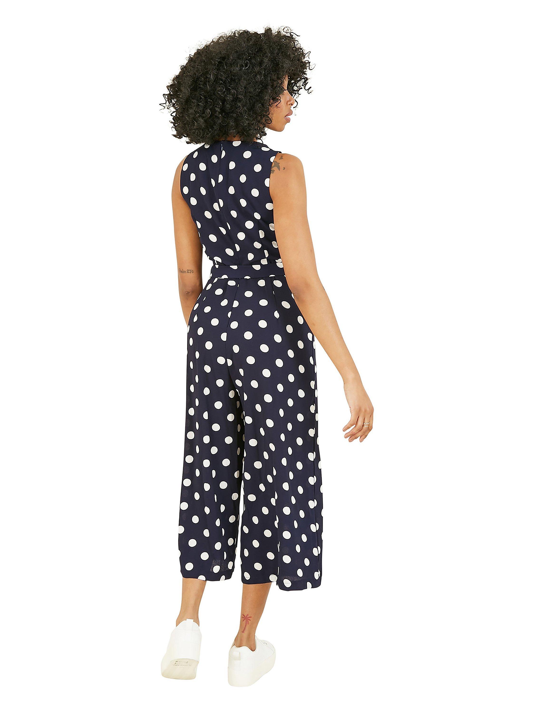 Product image 3 of 4, which shows Mela London Large Polka Dot Sleeveless Culotte Jumpsuit, Navy/White, 8