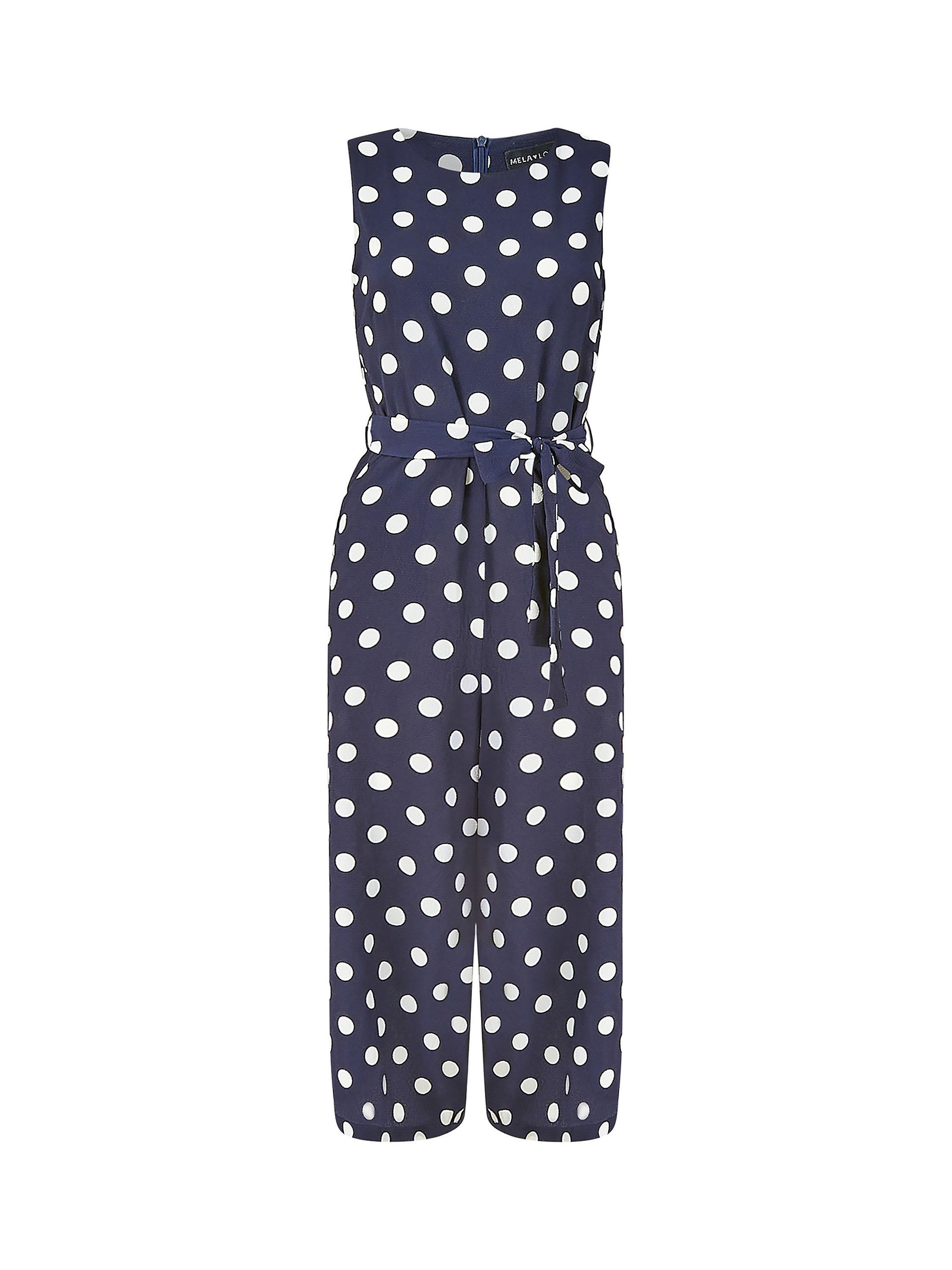 Product image 4 of 4, which shows Mela London Large Polka Dot Sleeveless Culotte Jumpsuit, Navy/White, 8