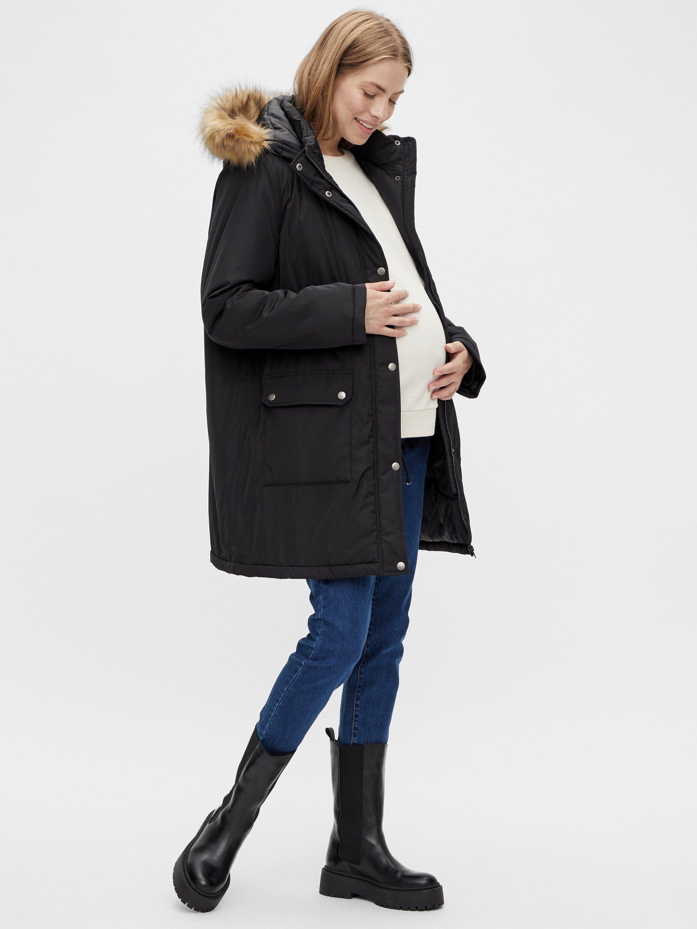 Product image 2 of 5, which shows Mamalicious Macy Faux Fur Hood Parka Maternity Coat, Black, S
