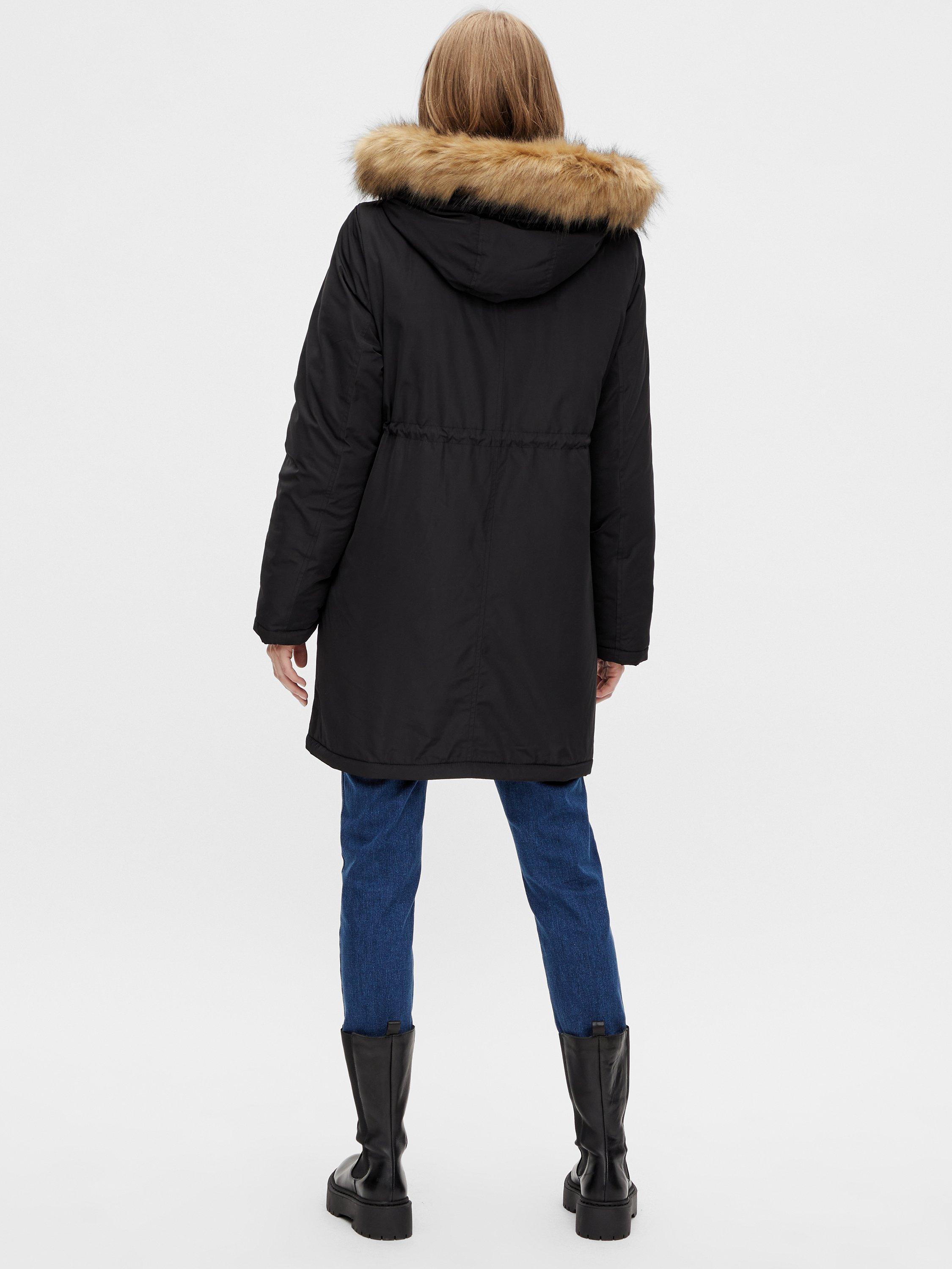 Product image 3 of 5, which shows Mamalicious Macy Faux Fur Hood Parka Maternity Coat, Black, S