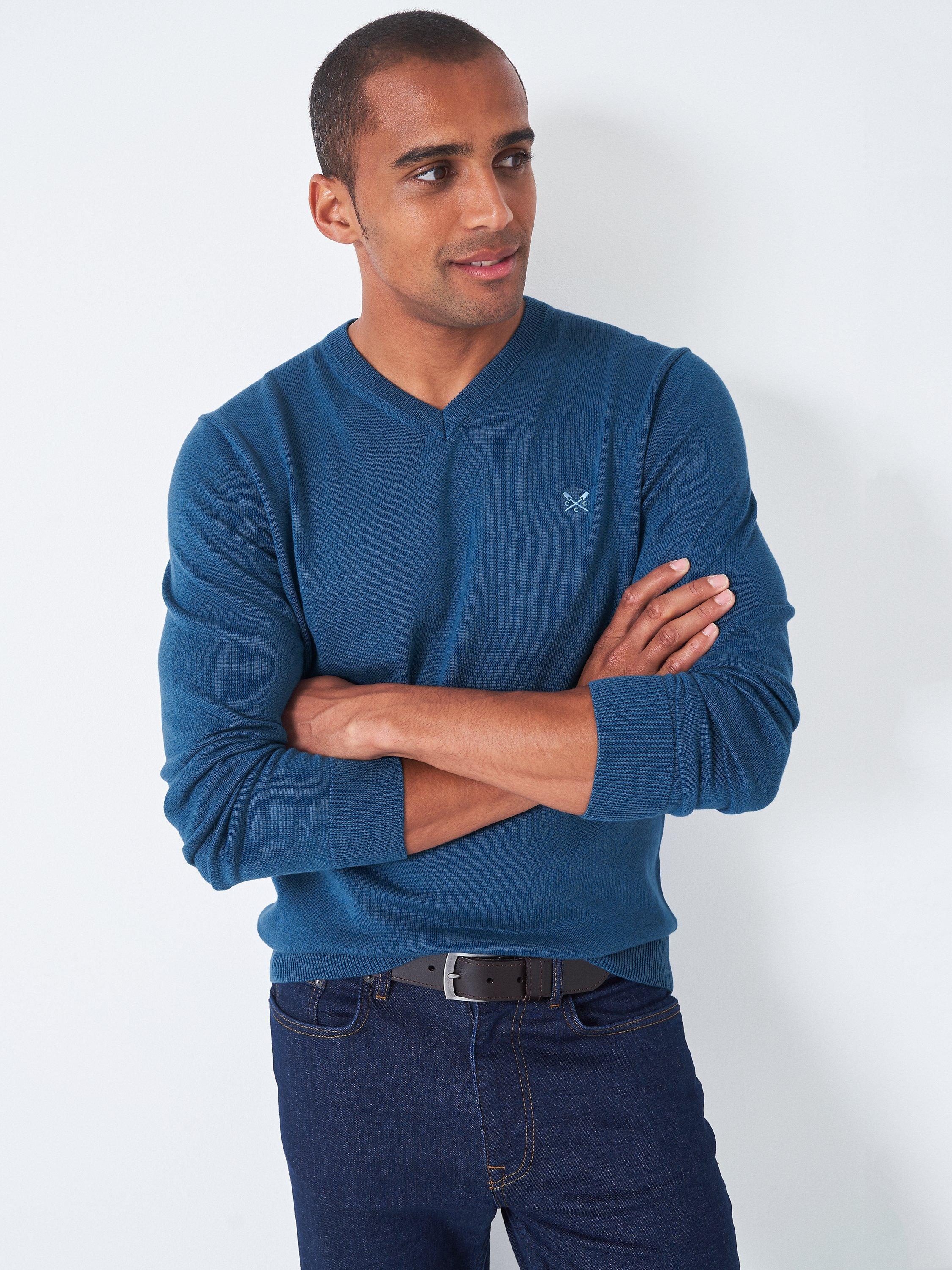 Crew Clothing Plain Organic Cotton V-Neck Jumper, Dark Blue