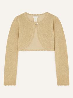 Monsoon Kids' Niamh Sparkle Cropped Scallop Edge Cardigan, Gold, Gold