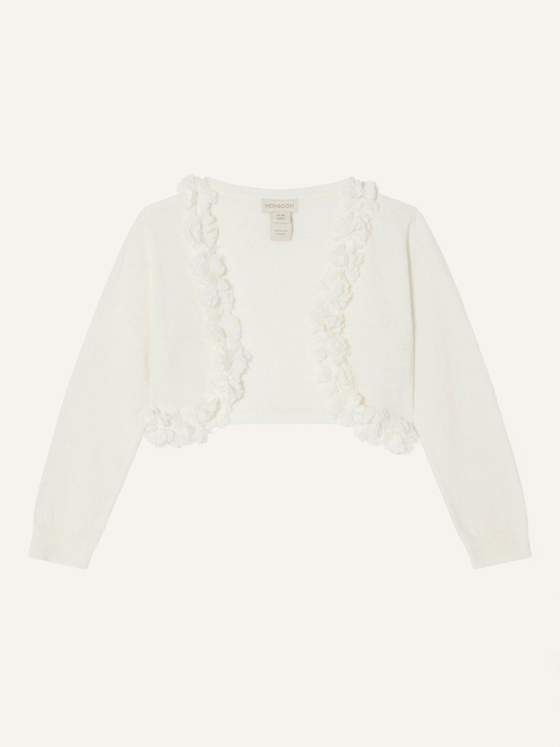 Product image 1 of 3, which shows Monsoon Kids' Flora Textured Edge Cropped Cardigan, Ivory, 3-4 years
