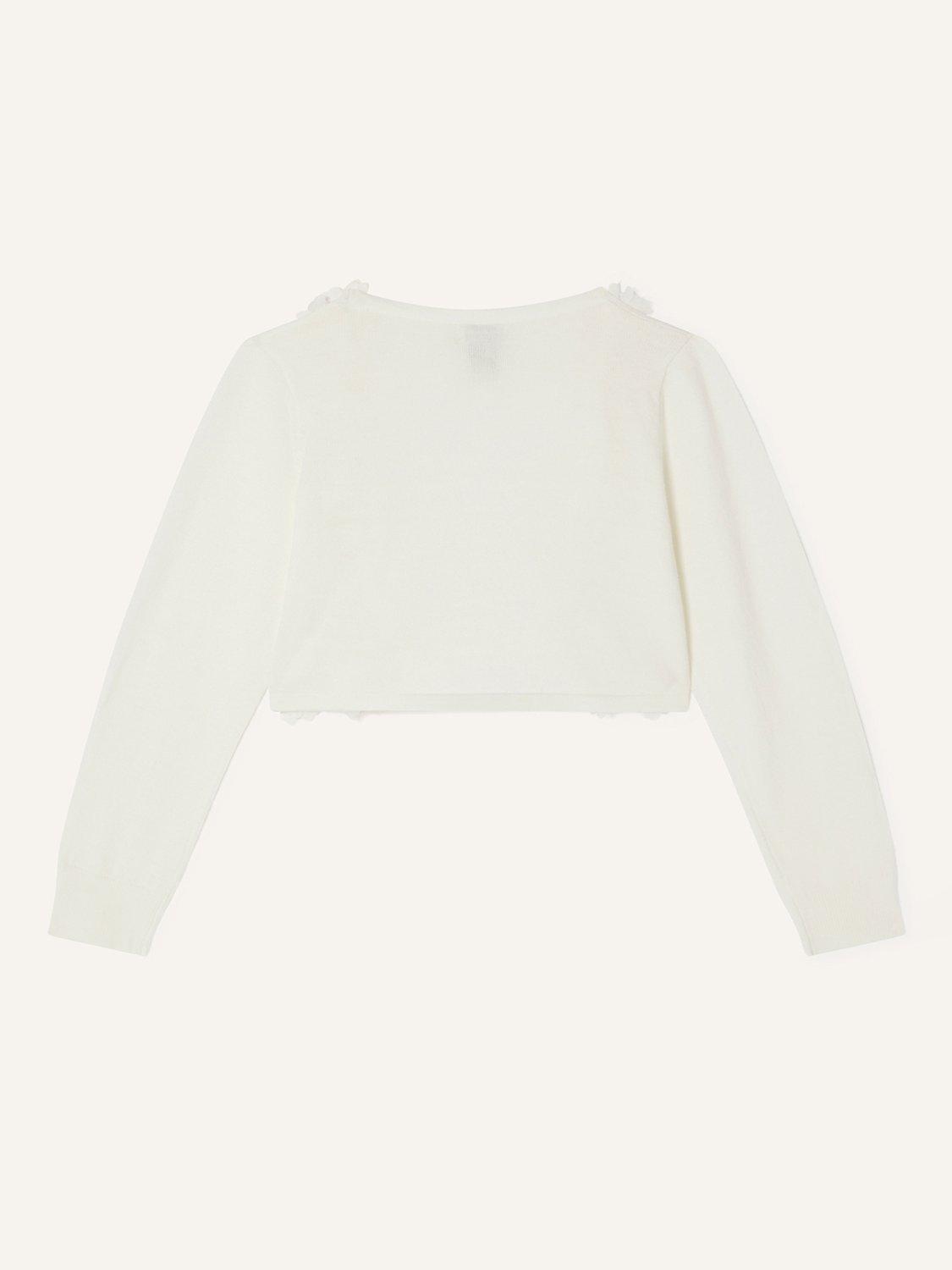 Product image 2 of 3, which shows Monsoon Kids' Flora Textured Edge Cropped Cardigan, Ivory, 3-4 years