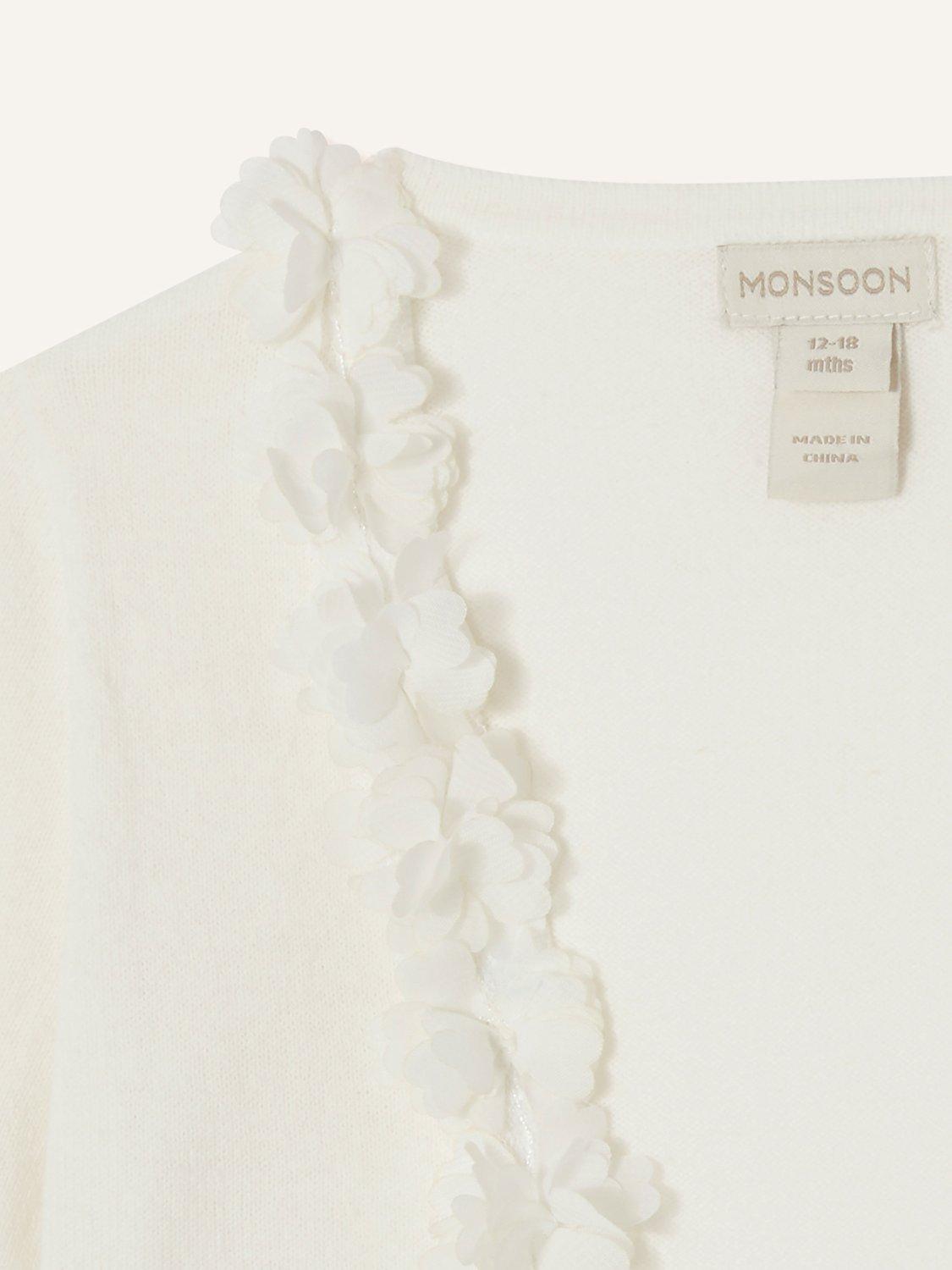 Product image 3 of 3, which shows Monsoon Kids' Flora Textured Edge Cropped Cardigan, Ivory, 3-4 years