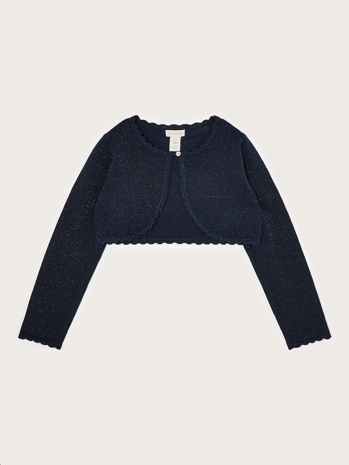 Product image 1 of 3, which shows Monsoon Kids' Niamh Sparkle Cardigan, Navy, 3-4 years
