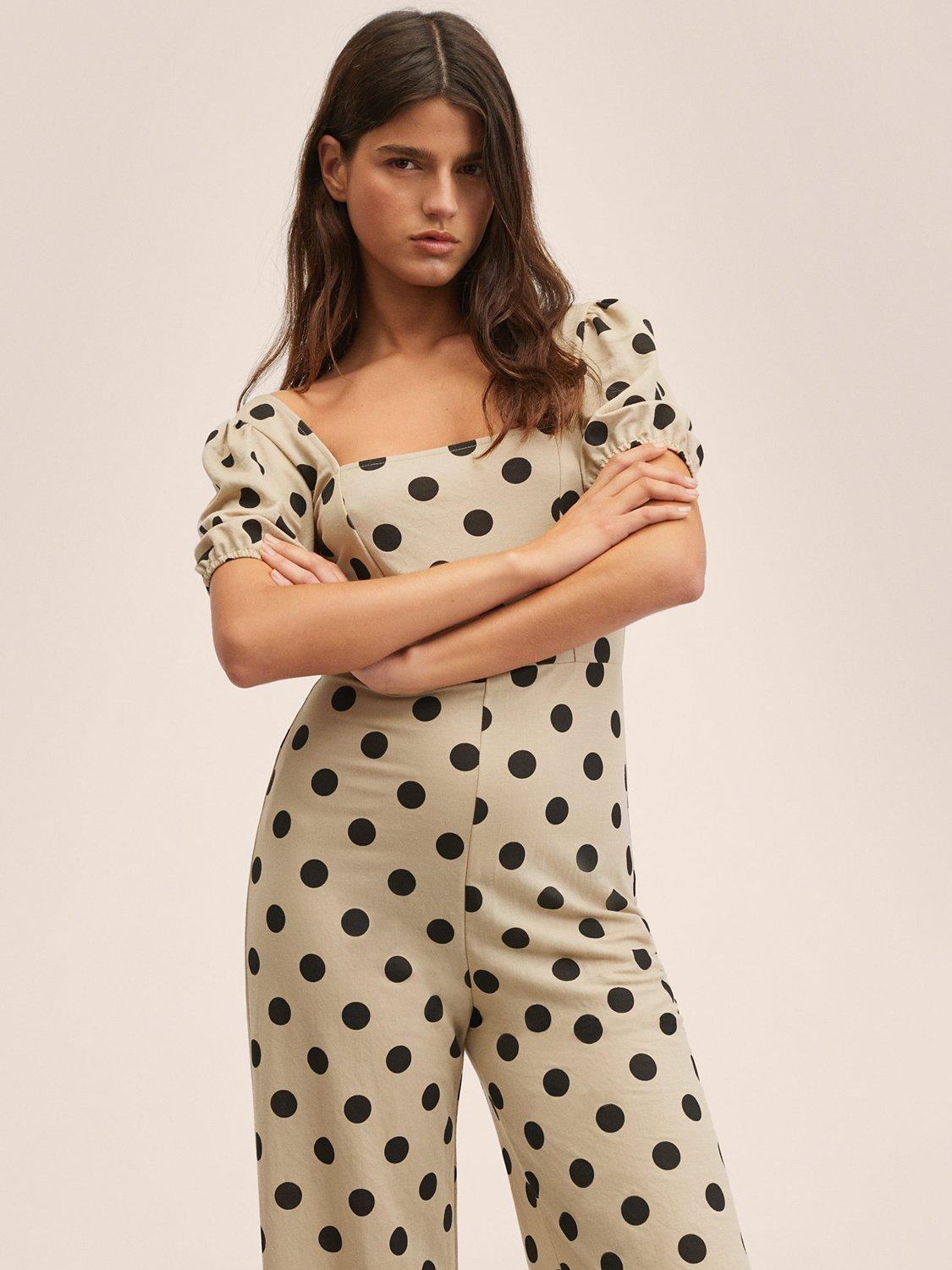 Mango Teorica Spot Print Puff Sleeve Jumpsuit, Light Beige
