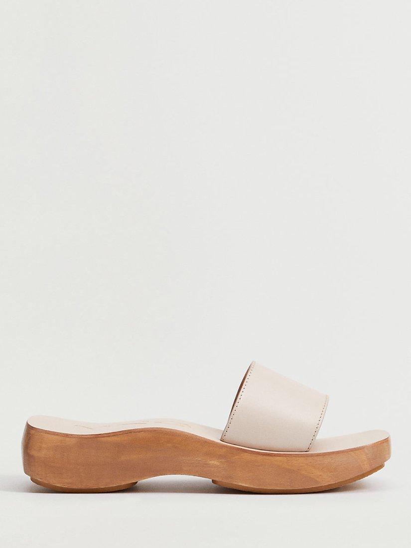 Mango Leather Wooden Heel Mules, Light Beige