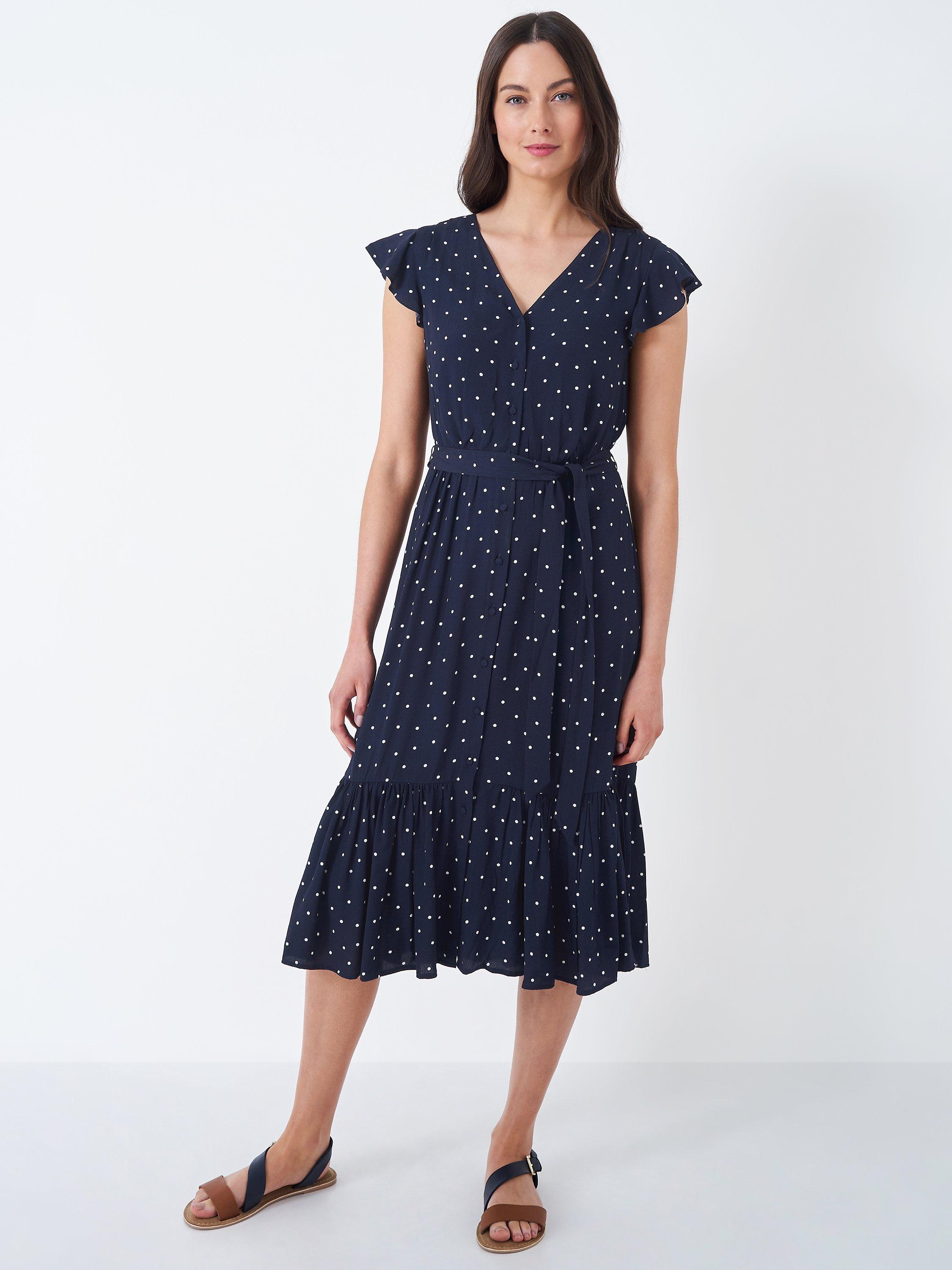 Crew Clothing Patricia Polka Dot Tiered Midi Dress, Navy Blue