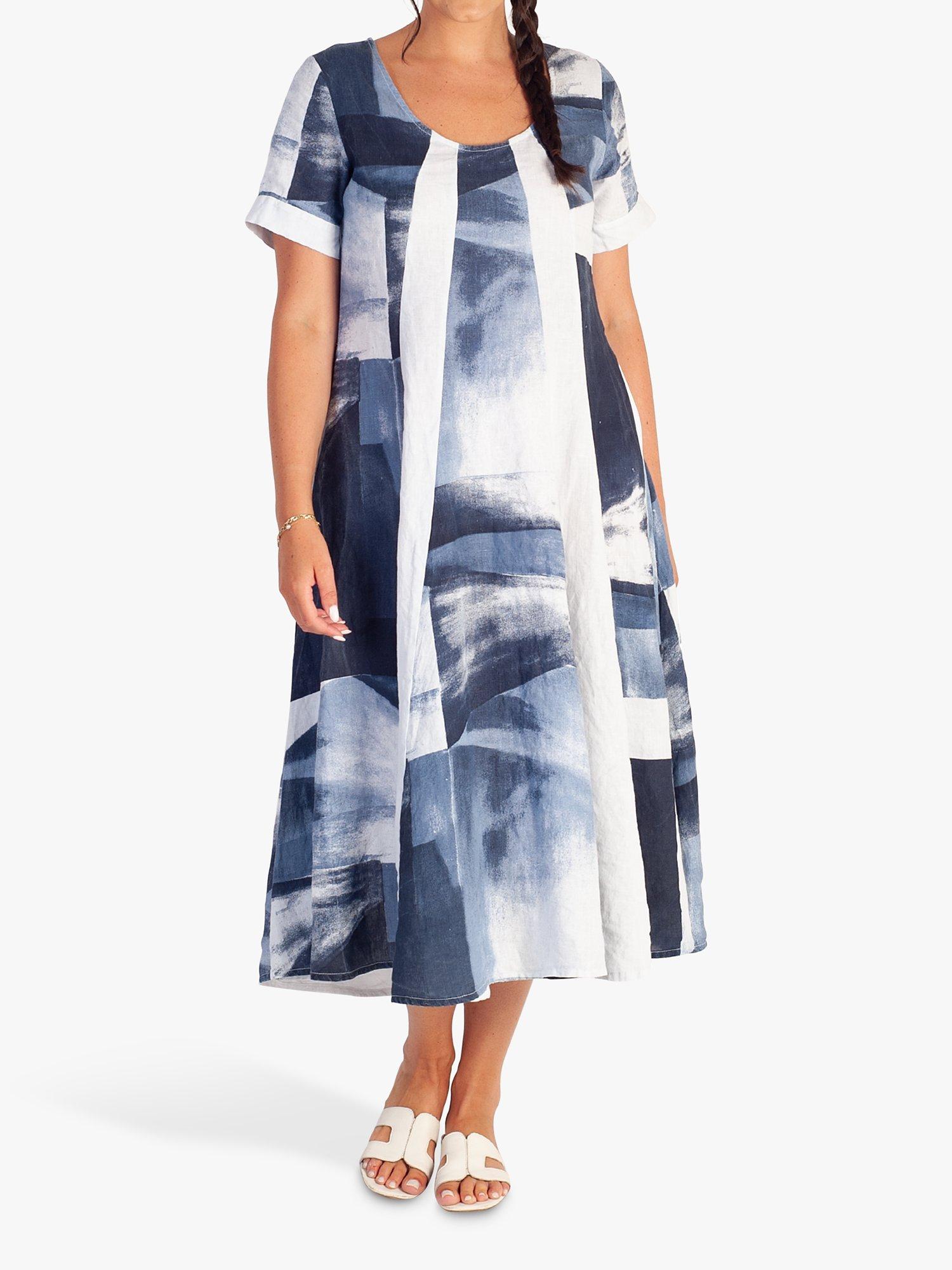 Product image 1 of 6, which shows chesca Abstract Print Midi Linen Dress, White/Navy, 12