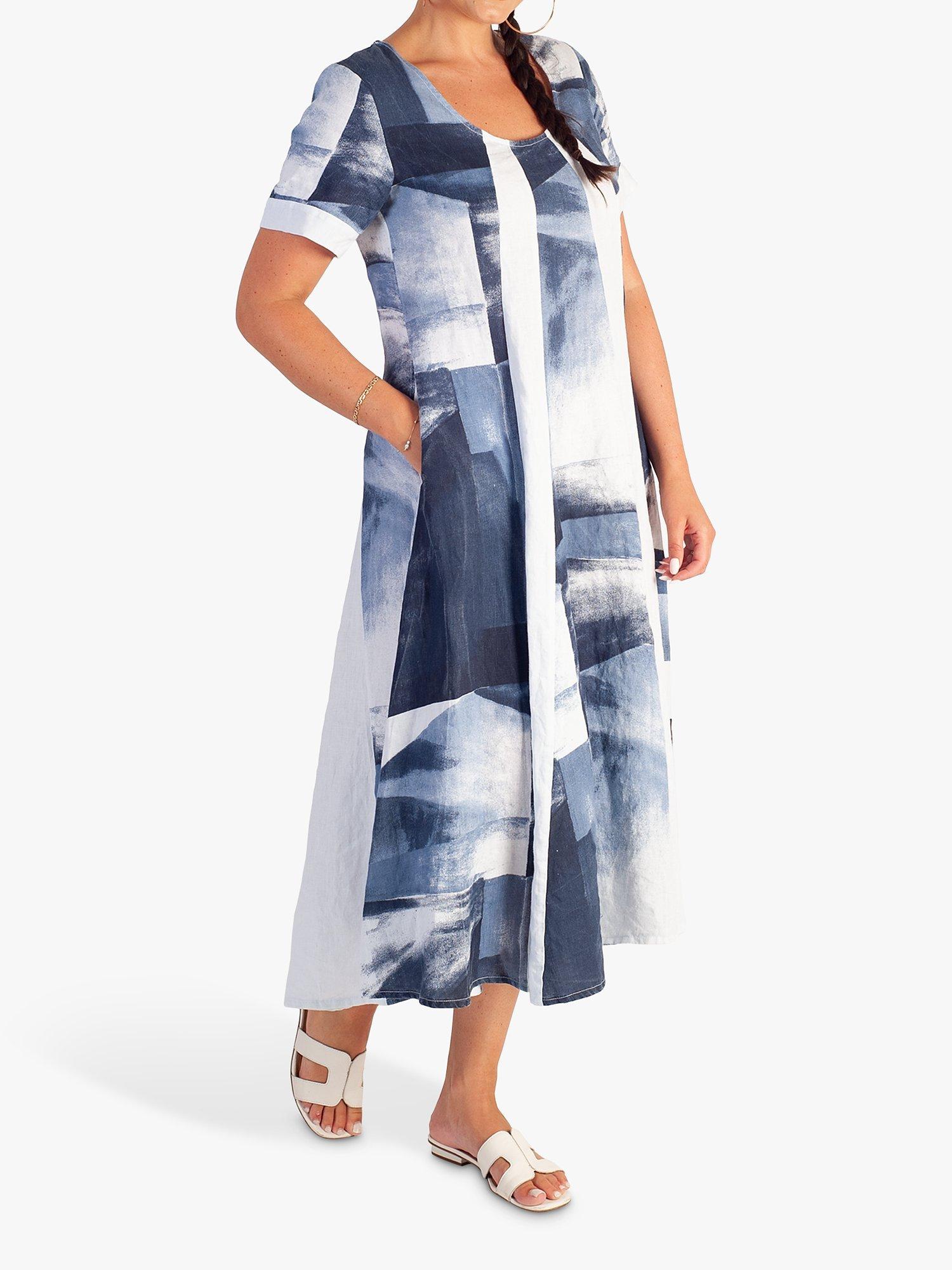 Product image 3 of 6, which shows chesca Abstract Print Midi Linen Dress, White/Navy, 12