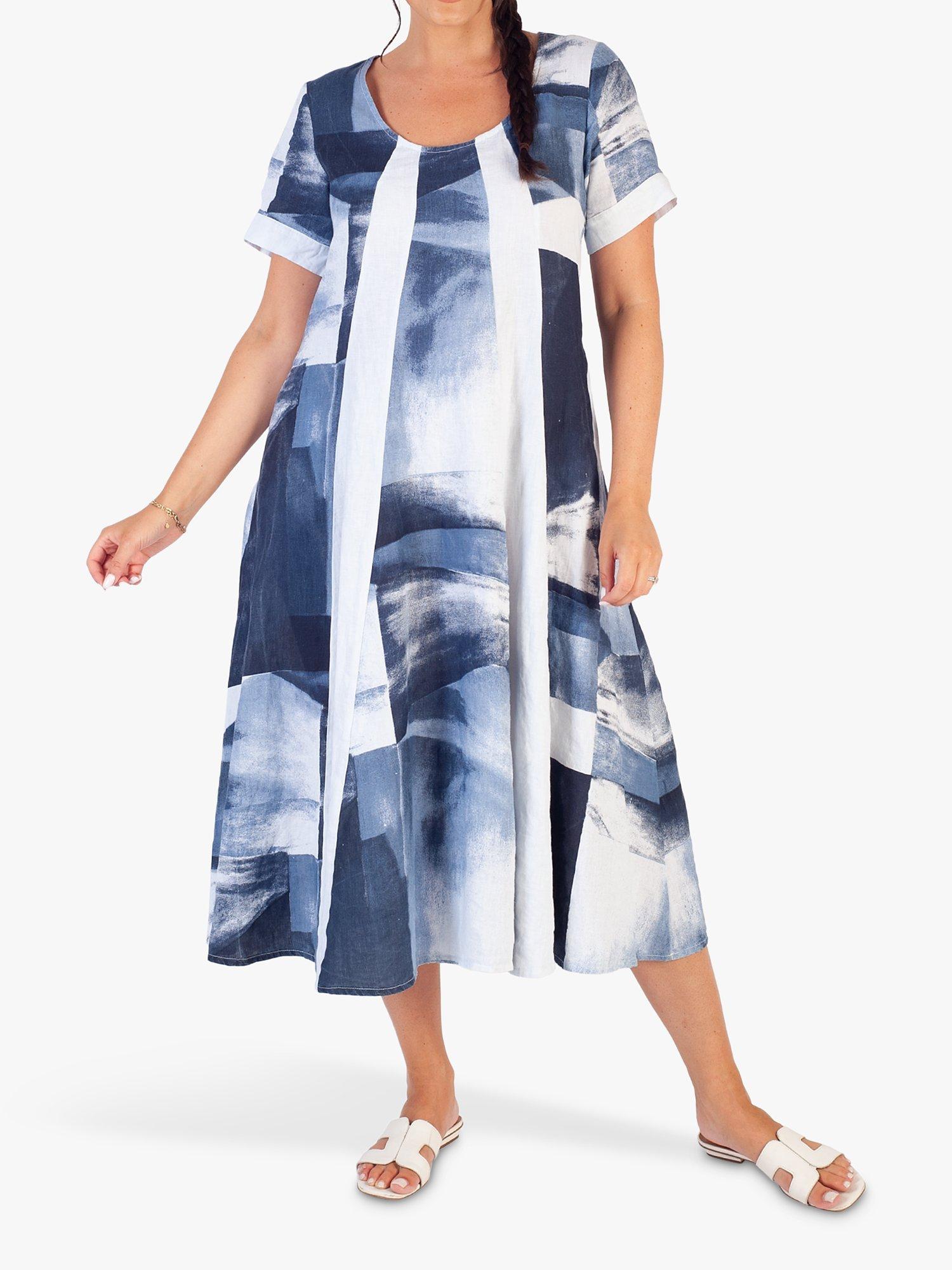 Product image 4 of 6, which shows chesca Abstract Print Midi Linen Dress, White/Navy, 12