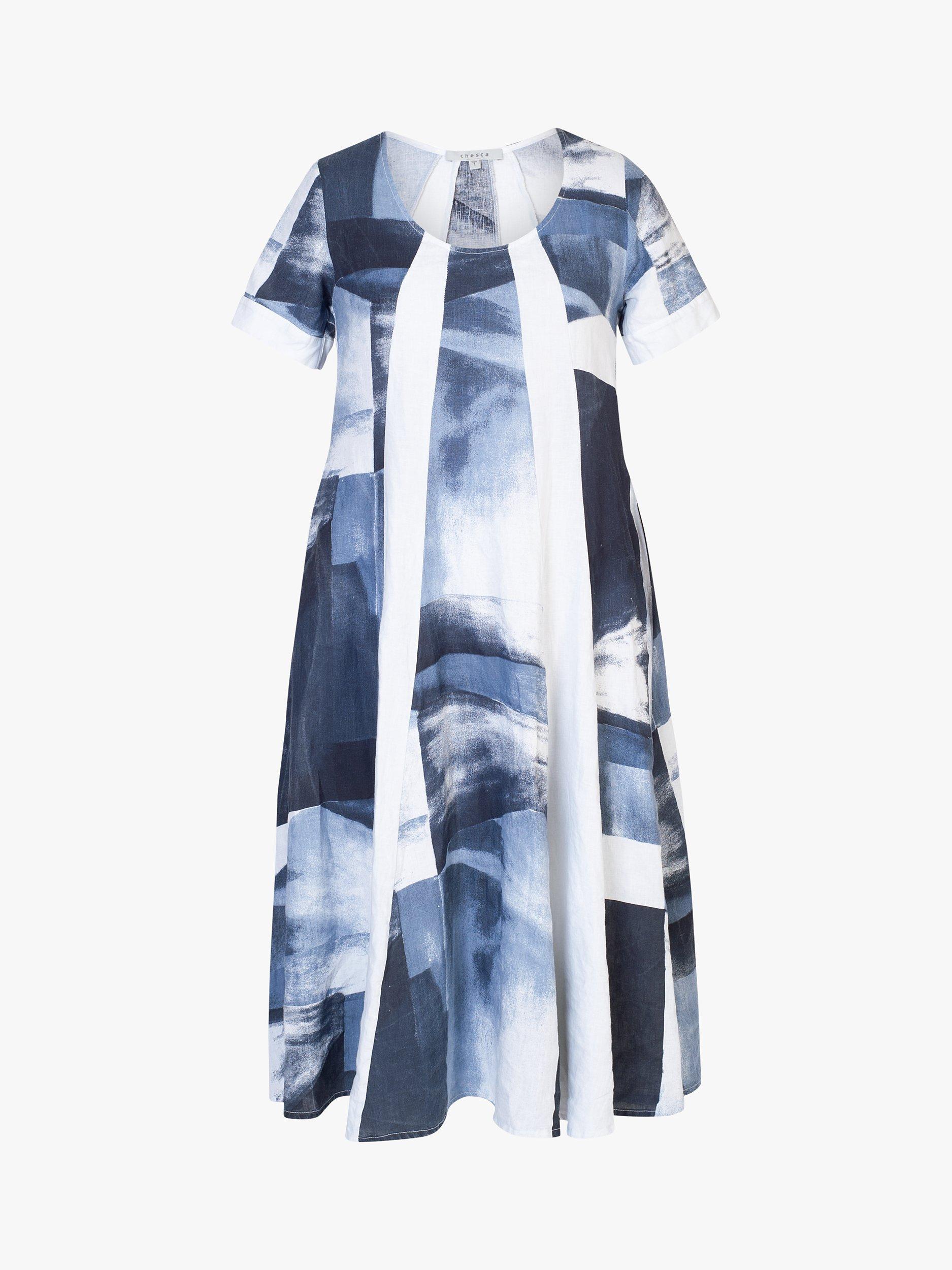 Product image 5 of 6, which shows chesca Abstract Print Midi Linen Dress, White/Navy, 12