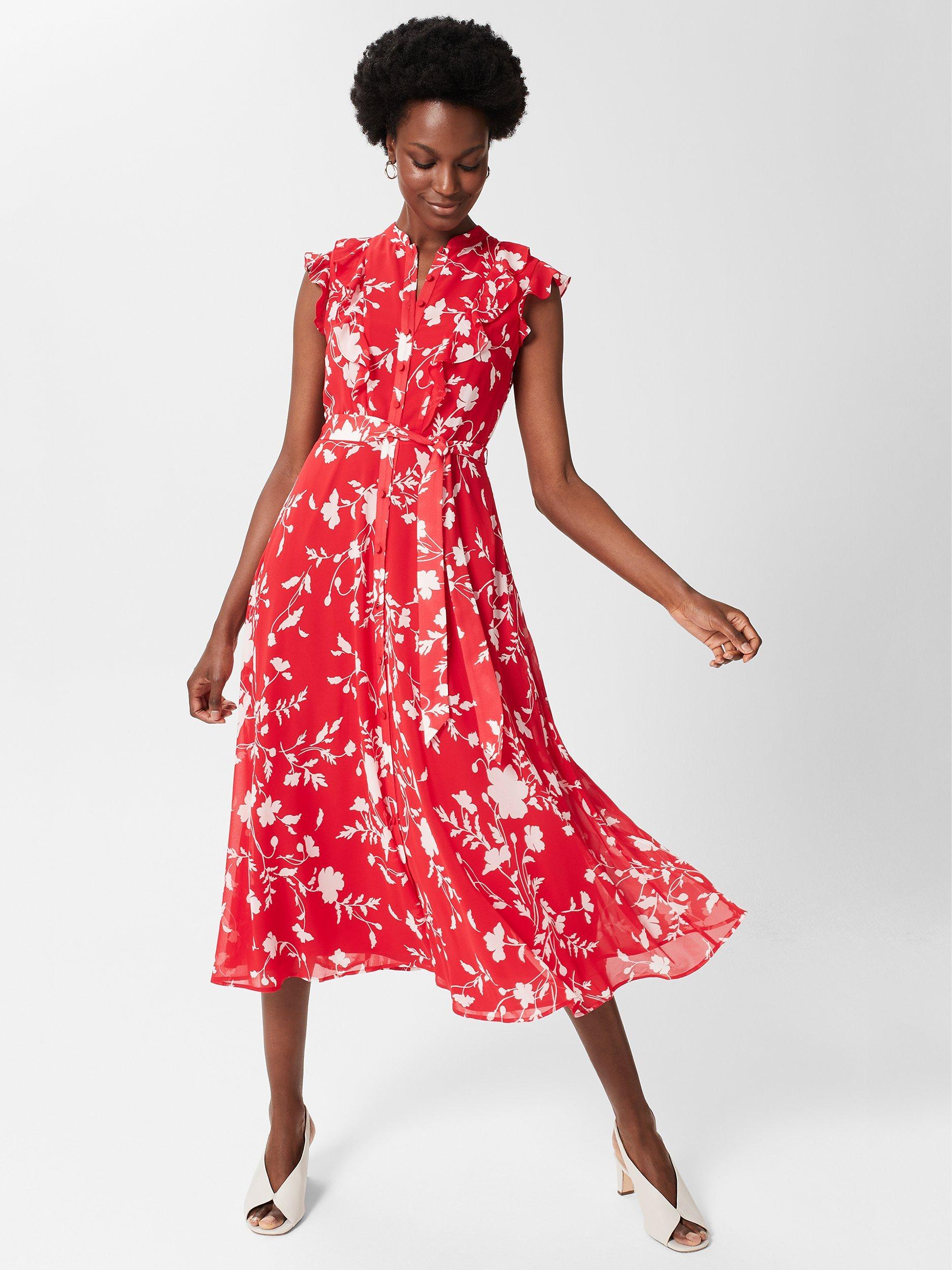 Hobbs Georgiana Floral Belted Midi Dress, Red/Ivory