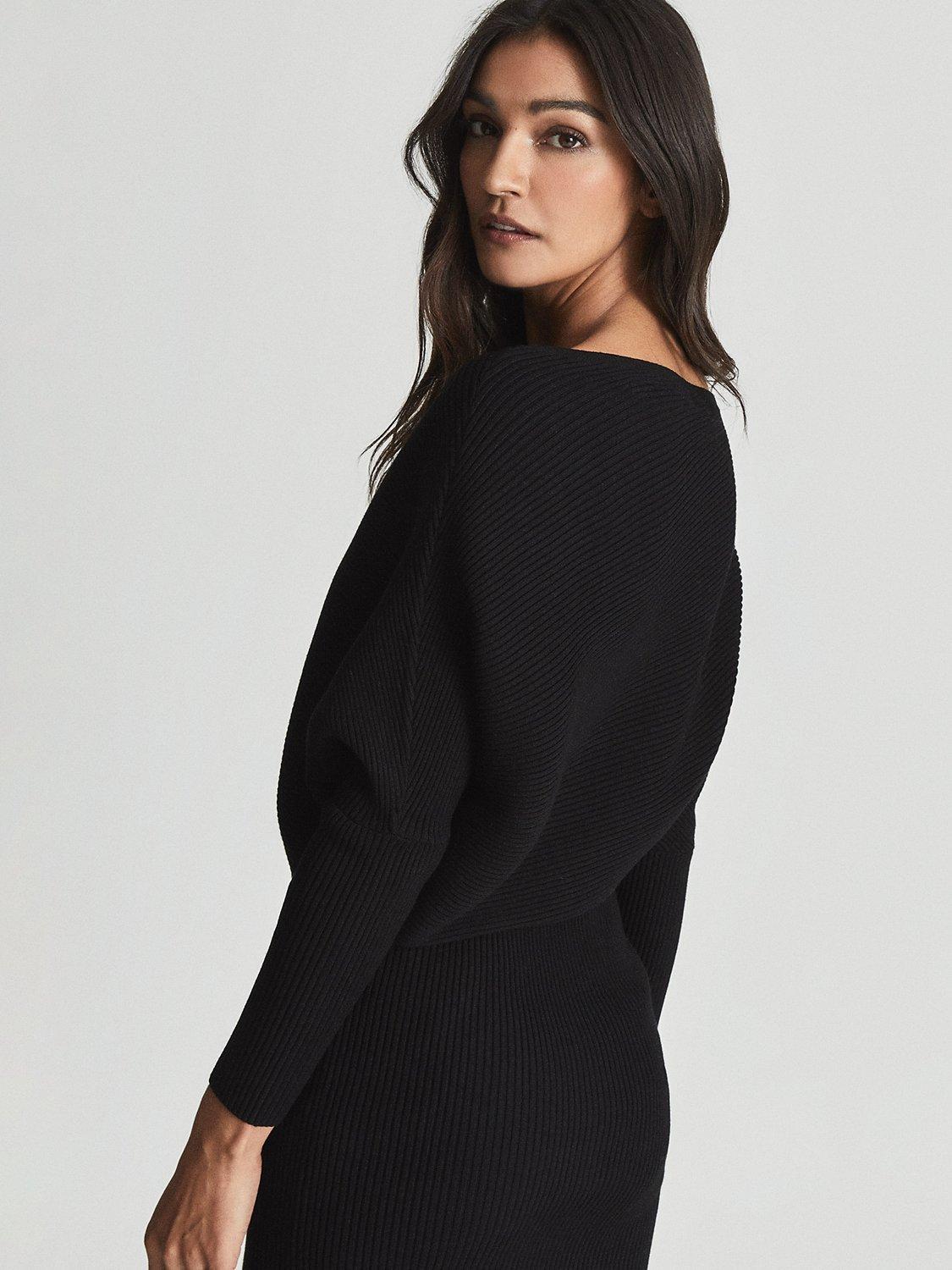 Product image 4 of 6, which shows Reiss Lara Ribbed Knee Length Jumper Dress, Black, XS