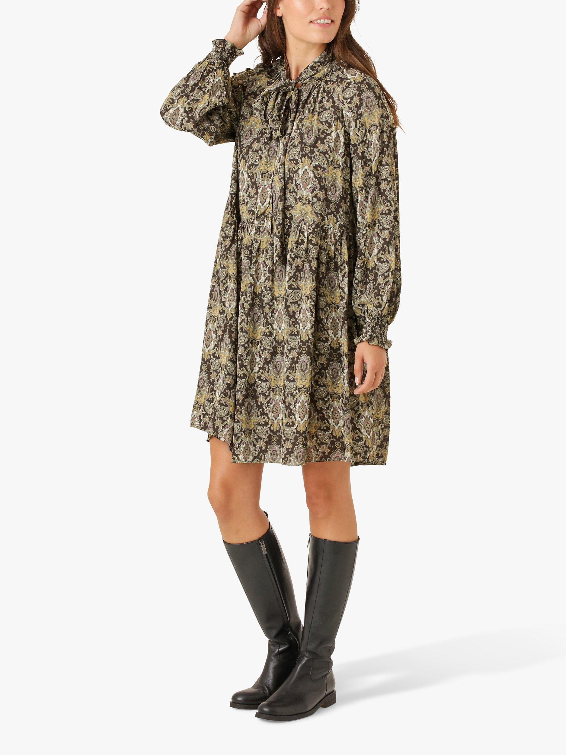 Noa Noa Bina Paisley Print Tie Neck Mini Dress, Green/Brown