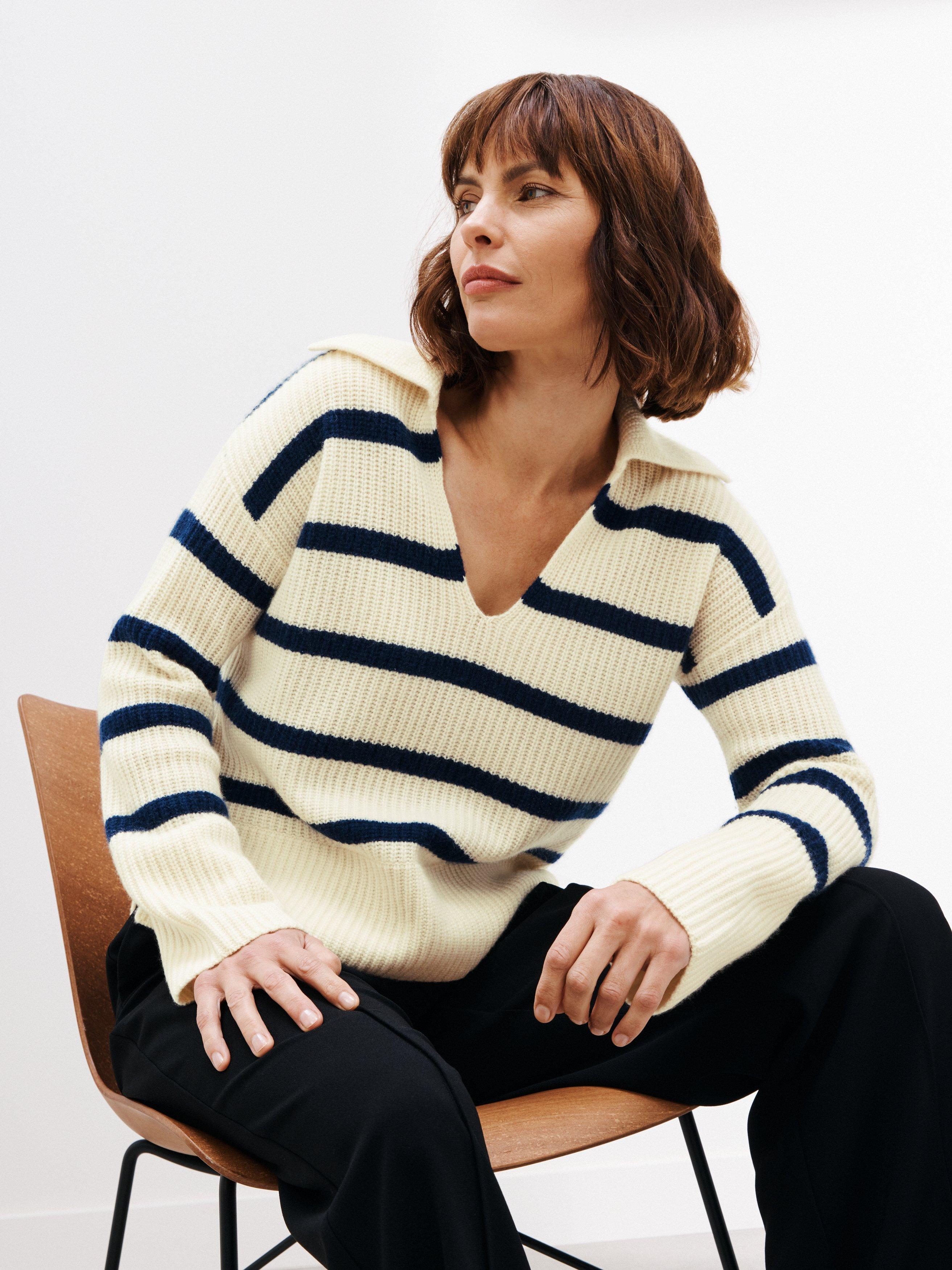 John Lewis Stripe Soft Collar Cashmere Jumper, Cream/Navy Stripe
