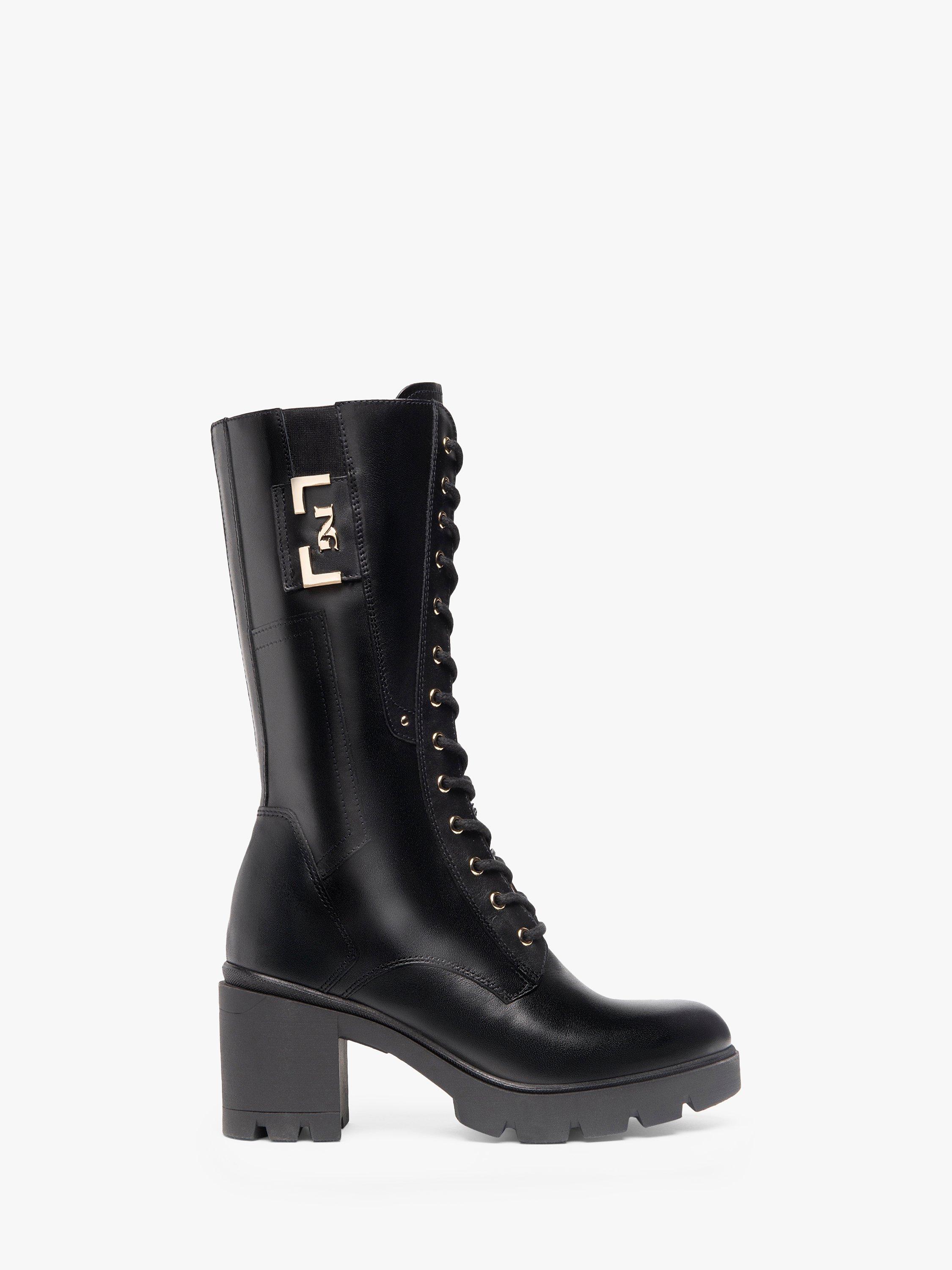 NeroGiardini Mid Calf Leather Biker Boots Black