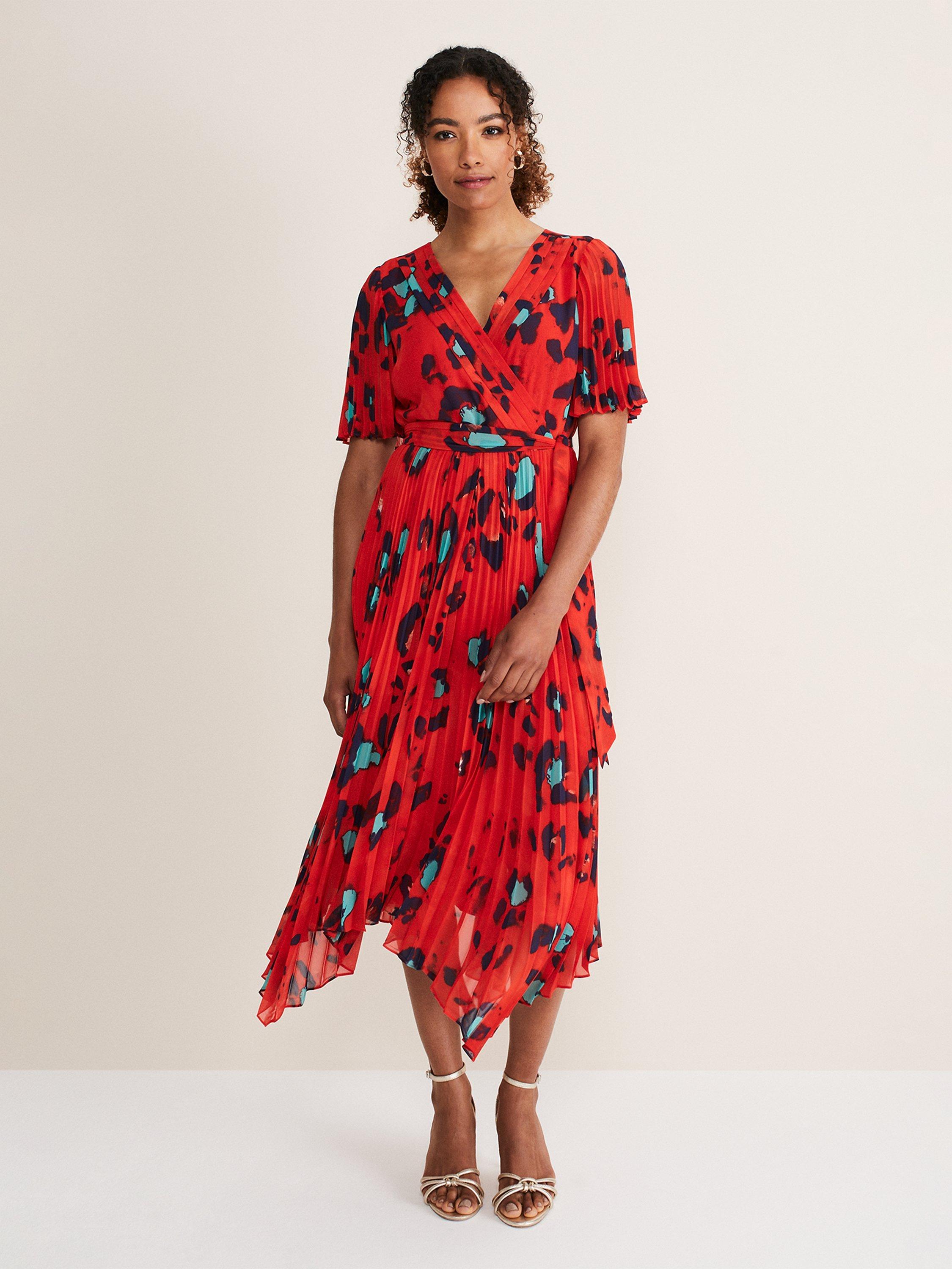 Phase Eight Kendall Animal Print Pleated Dress, Vermillion/Multi