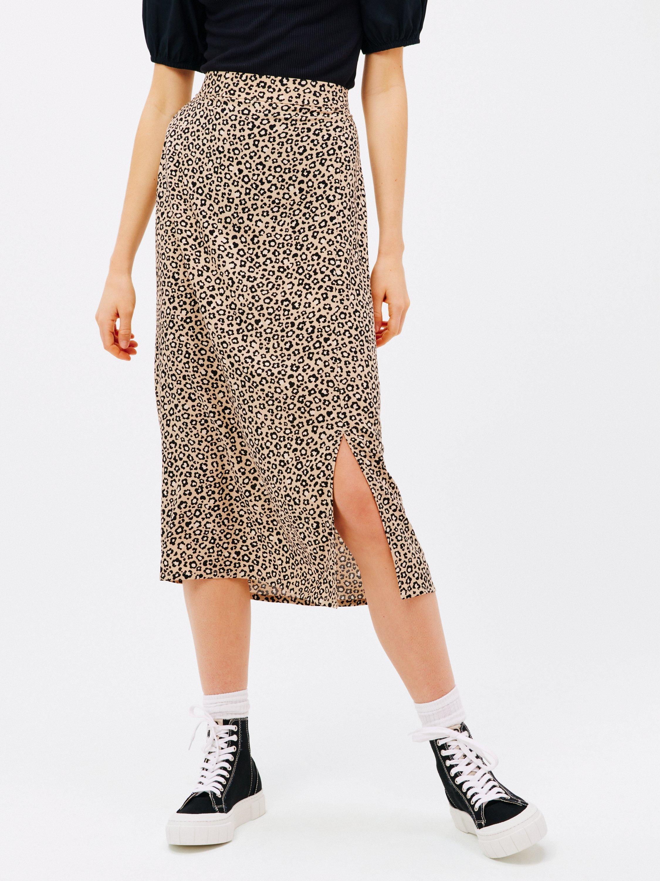 John Lewis ANYDAY Retro Animal Print Side Split Midi Skirt, Neutral